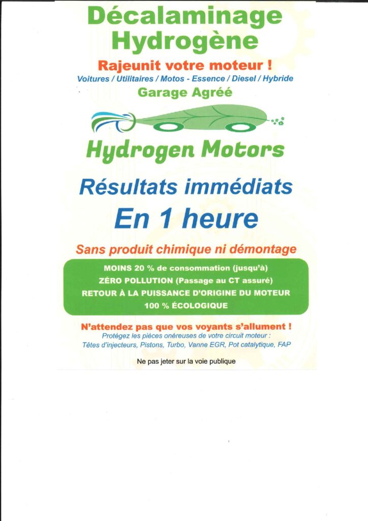 Flyer de Hydrogen Motors sur le décalaminage hydrogène pour moteurs essence, diesel, hybrides et motos – résultats en 1 heure, sans produit chimique ni démontage.
