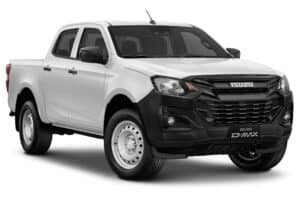 Isuzu D-MAX blanc utilitaire, calandre noire et jantes acier sur fond blanc.
