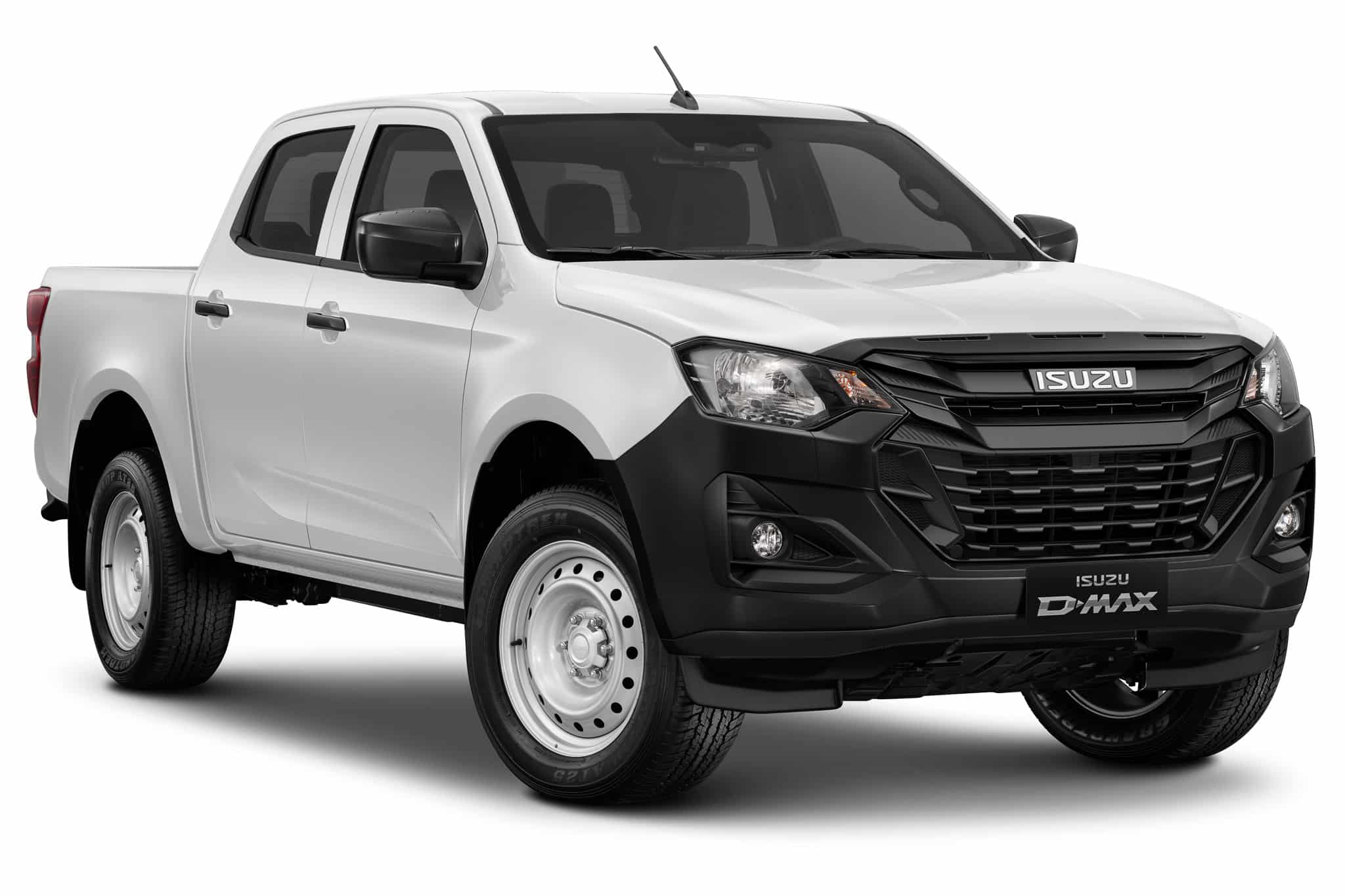 Isuzu D-MAX blanc utilitaire, calandre noire et jantes acier sur fond blanc.