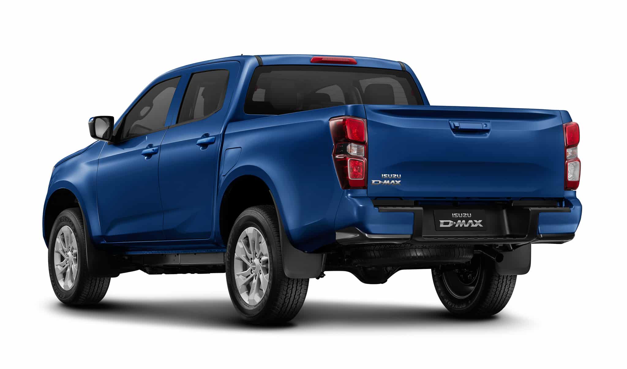 Pick-up Isuzu D-MAX bleu, vue arrière trois-quarts. Design robuste et utilitaire sur fond blanc.