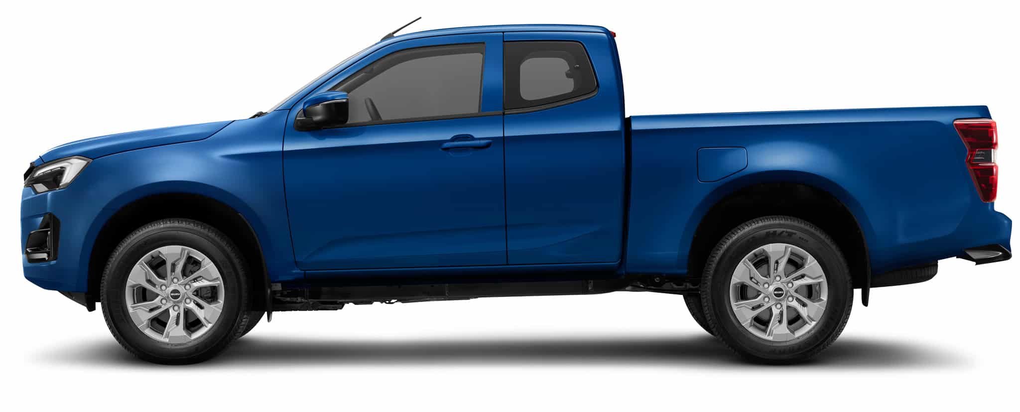 Pick-up Isuzu D-Max bleu, profil latéral, cabine approfondie et jantes alliage.