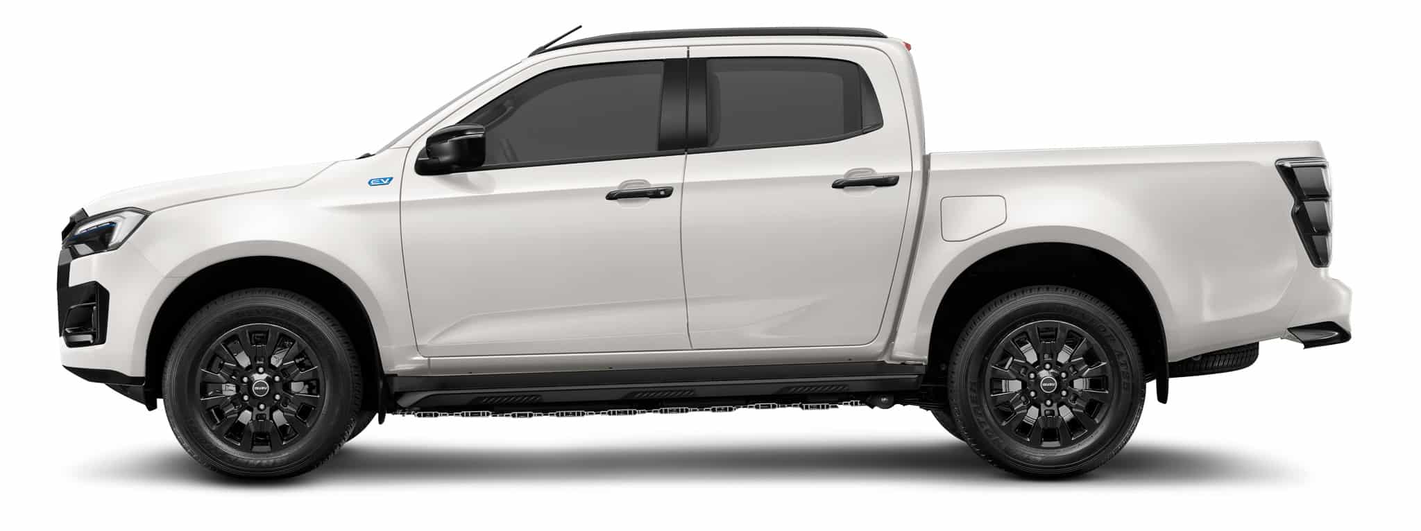 Pick-up Isuzu D-Max électrique blanc, profil avec jantes noires et logo EV.
