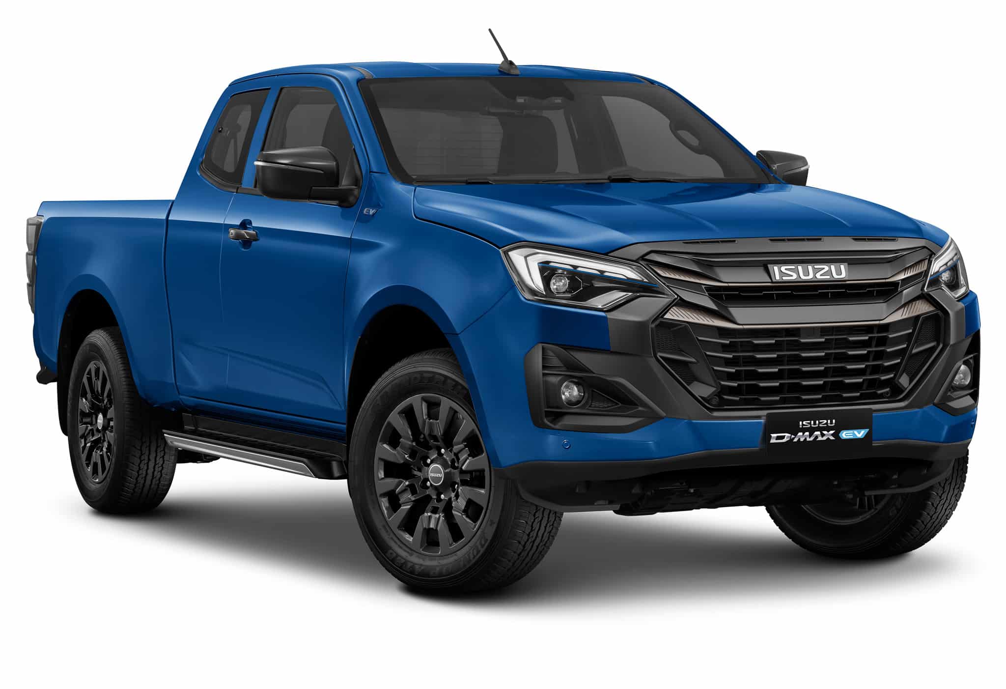 Pick-up Isuzu D-Max EV bleu, calandre noire et jantes sombres. Design moderne sur fond blanc.