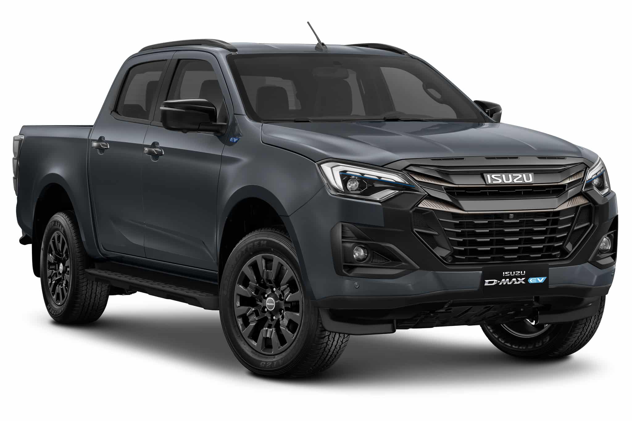 Pickup Isuzu D-MAX EV gris foncé, design moderne et phares LED sur fond blanc.