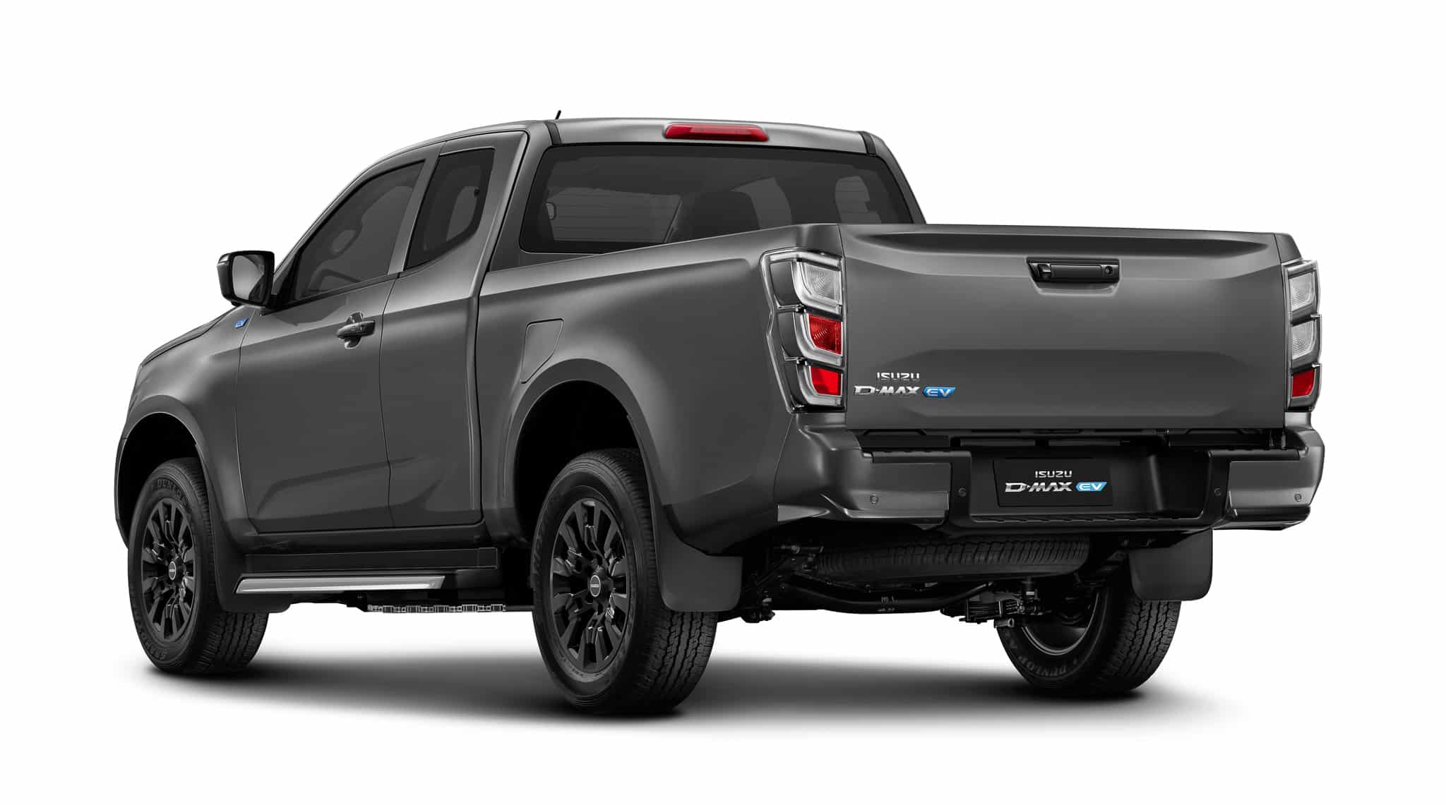 Pick-up Isuzu D-MAX EV gris, vue arrière trois-quarts, logo EV visible, design robuste et moderne.
