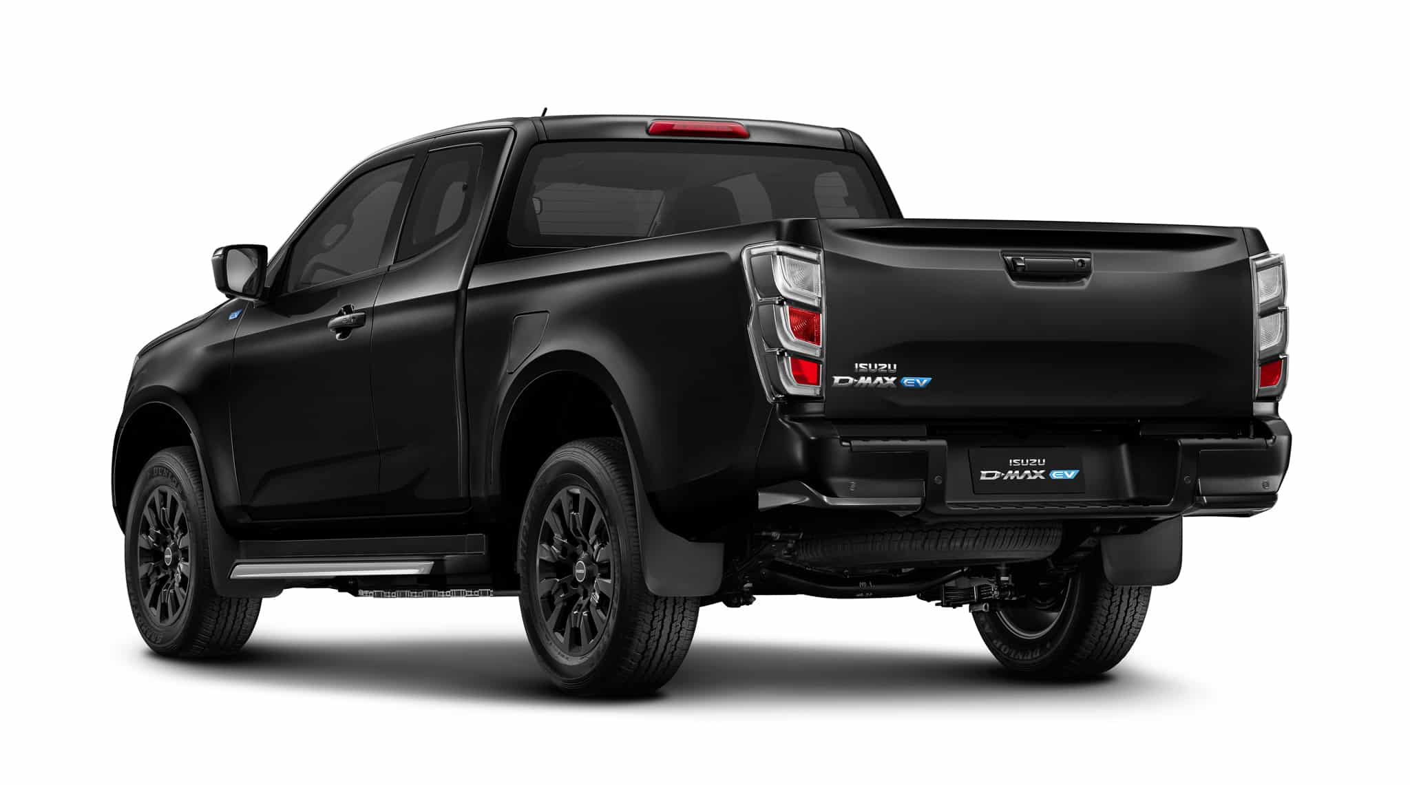 Pick-up électrique Isuzu D-MAX EV noir, vue arrière.