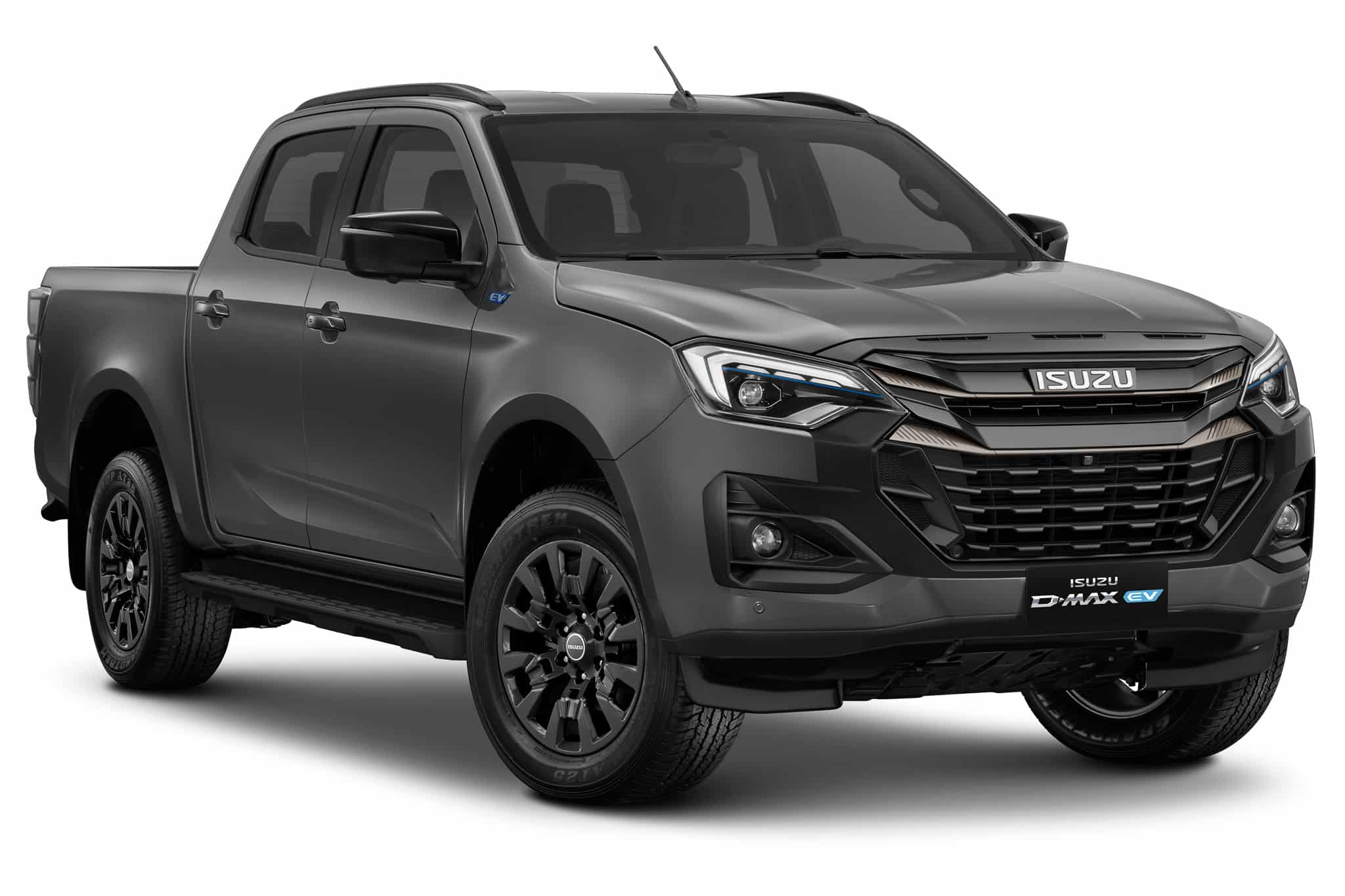 Isuzu D-MAX EV gris, pick-up électrique robuste sur fond blanc.