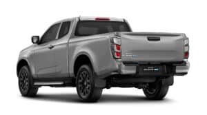 Isuzu D-Max EV gris, pick-up électrique vue arrière avec logos EV et jantes noires.