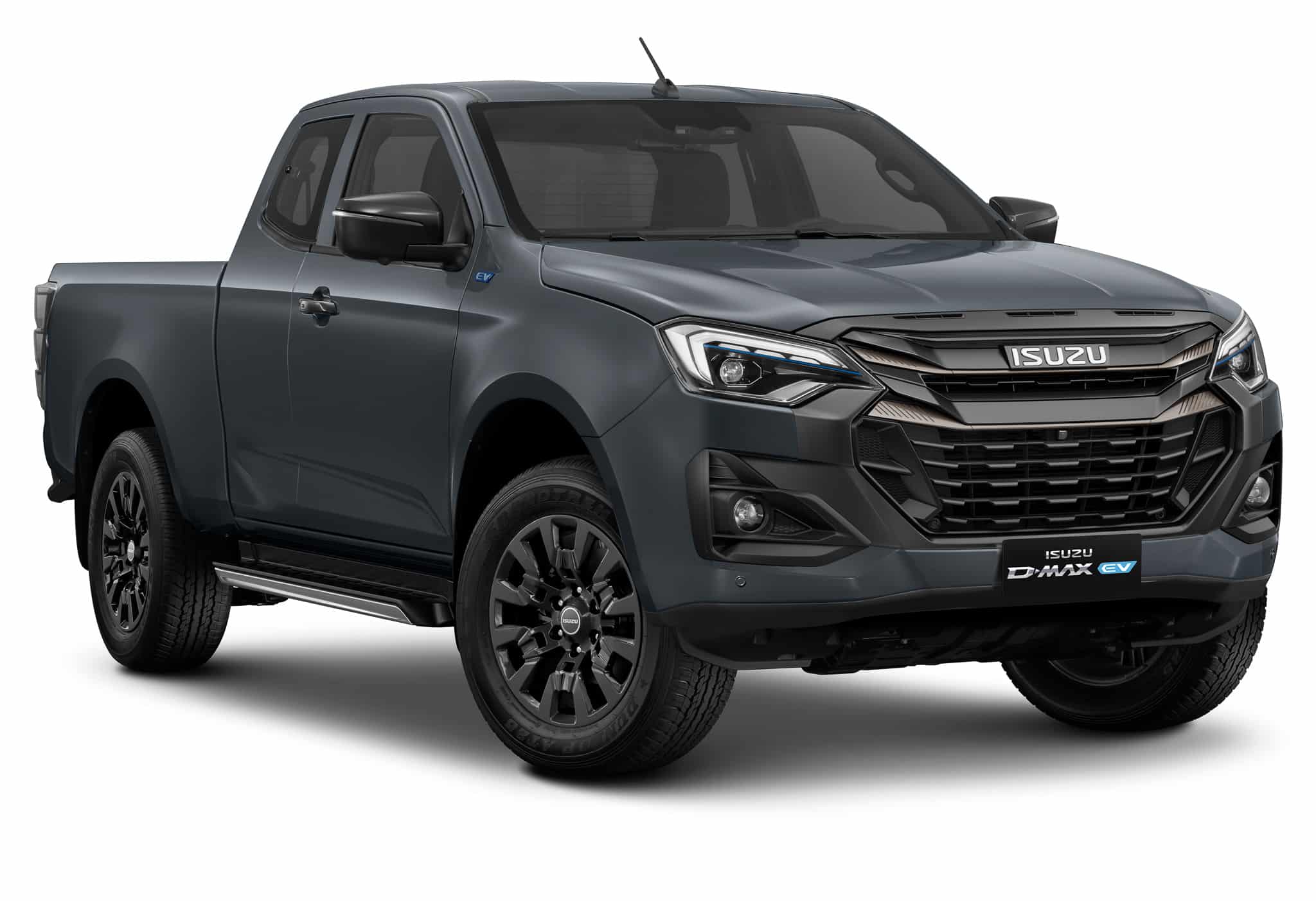 Pick-up électrique Isuzu D-Max EV gris foncé au design robuste et moderne.