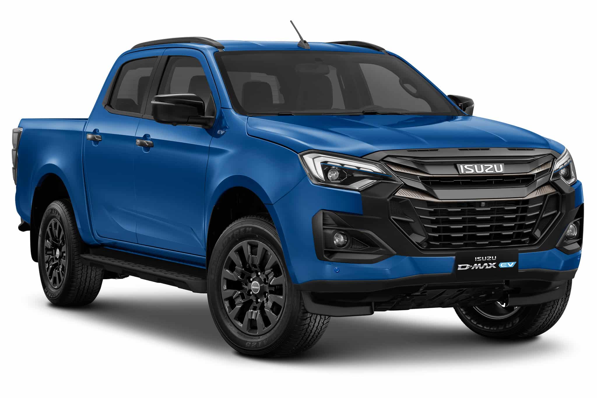Isuzu D-MAX EV bleu vif, pickup électrique moderne avec jantes noires et calandre sombre.