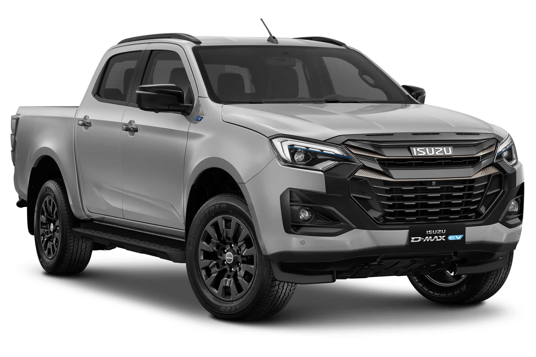 Isuzu D-Max EV argenté, pick-up électrique double cabine avec calandre moderne et accents bleus sur fond blanc.