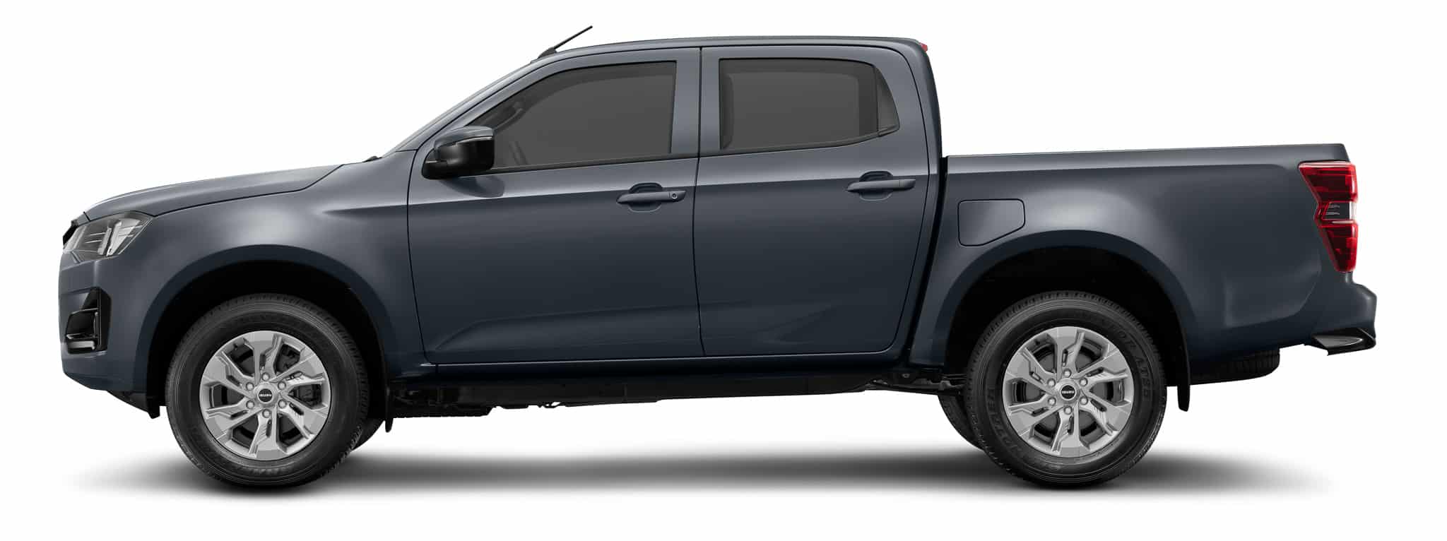 Isuzu D-Max gris de profil, double cabine et jantes alliage.