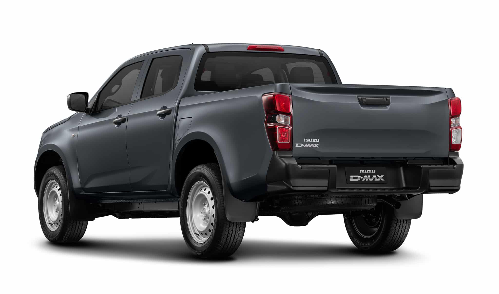 Isuzu D-Max gris, vue arrière 3/4, cabine double, jantes acier, logo ISUZU D-MAX sur le hayon.