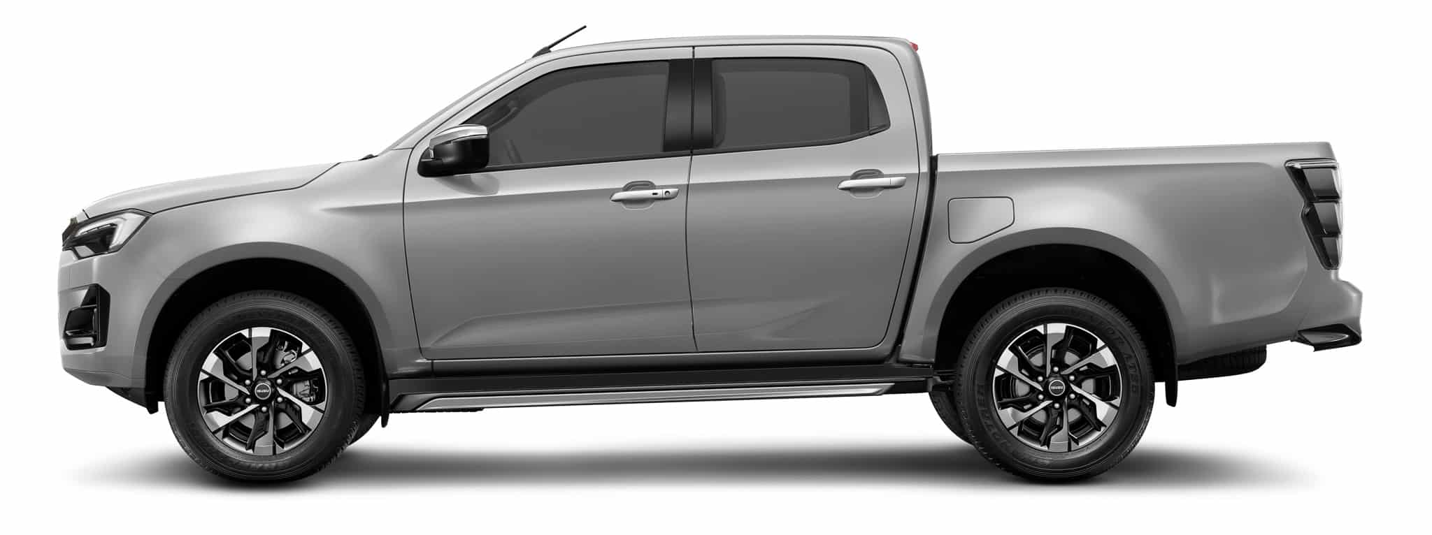 Isuzu D-Max gris, vue latérale, pick-up double cabine avec jantes alliage bicolores.
