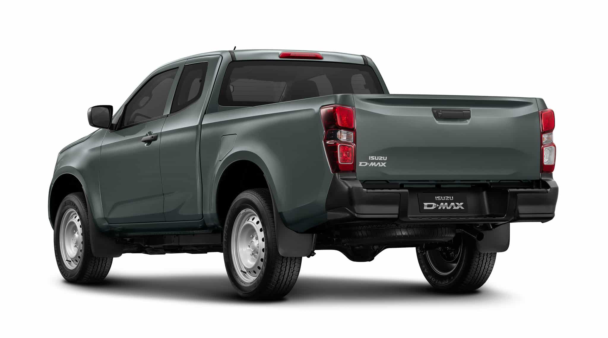 Isuzu D-Max gris, vue arrière trois-quarts, cabine approfondie et jantes acier.