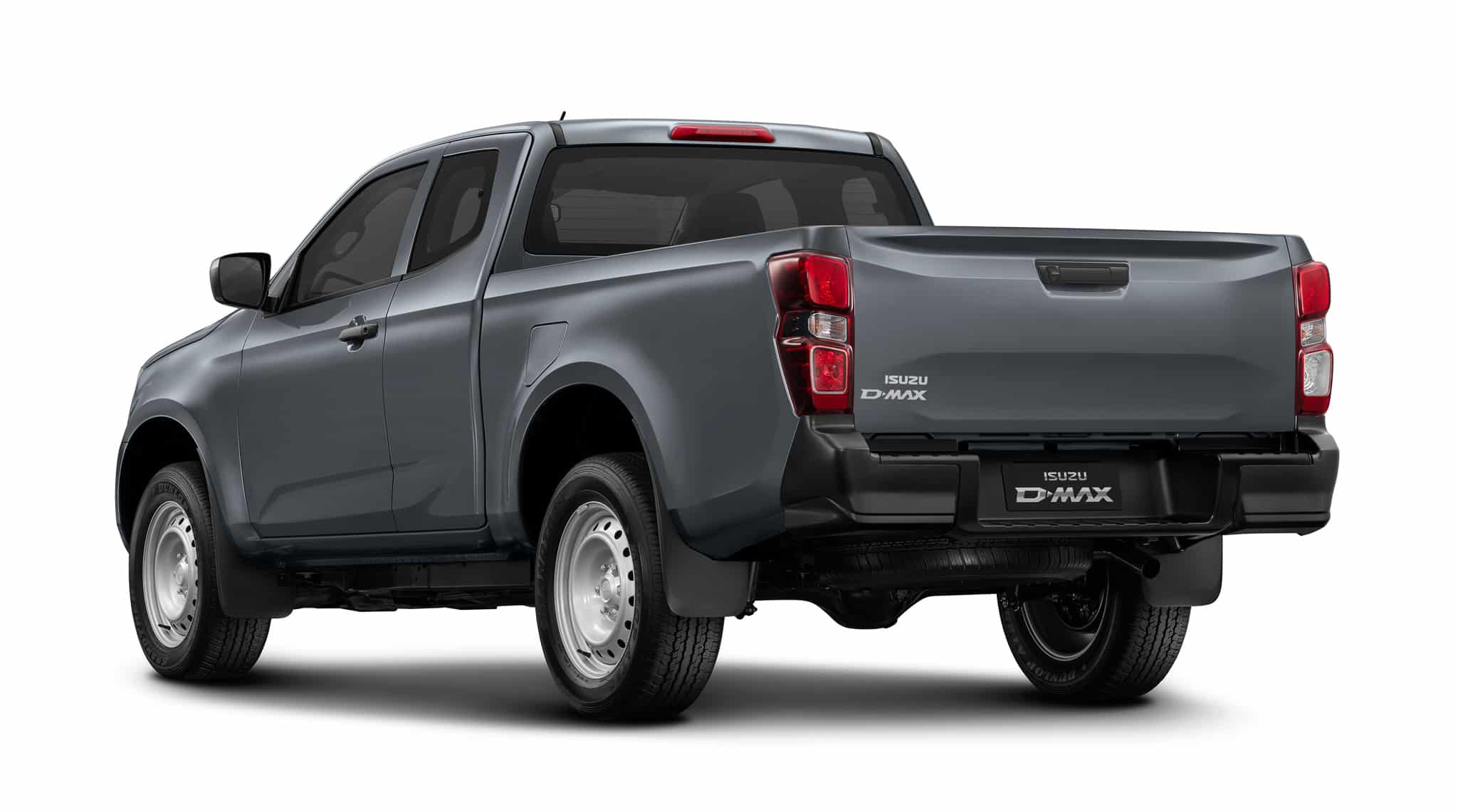 Isuzu D-Max gris, vue arrière, benne et jantes acier, logo Isuzu D-Max.