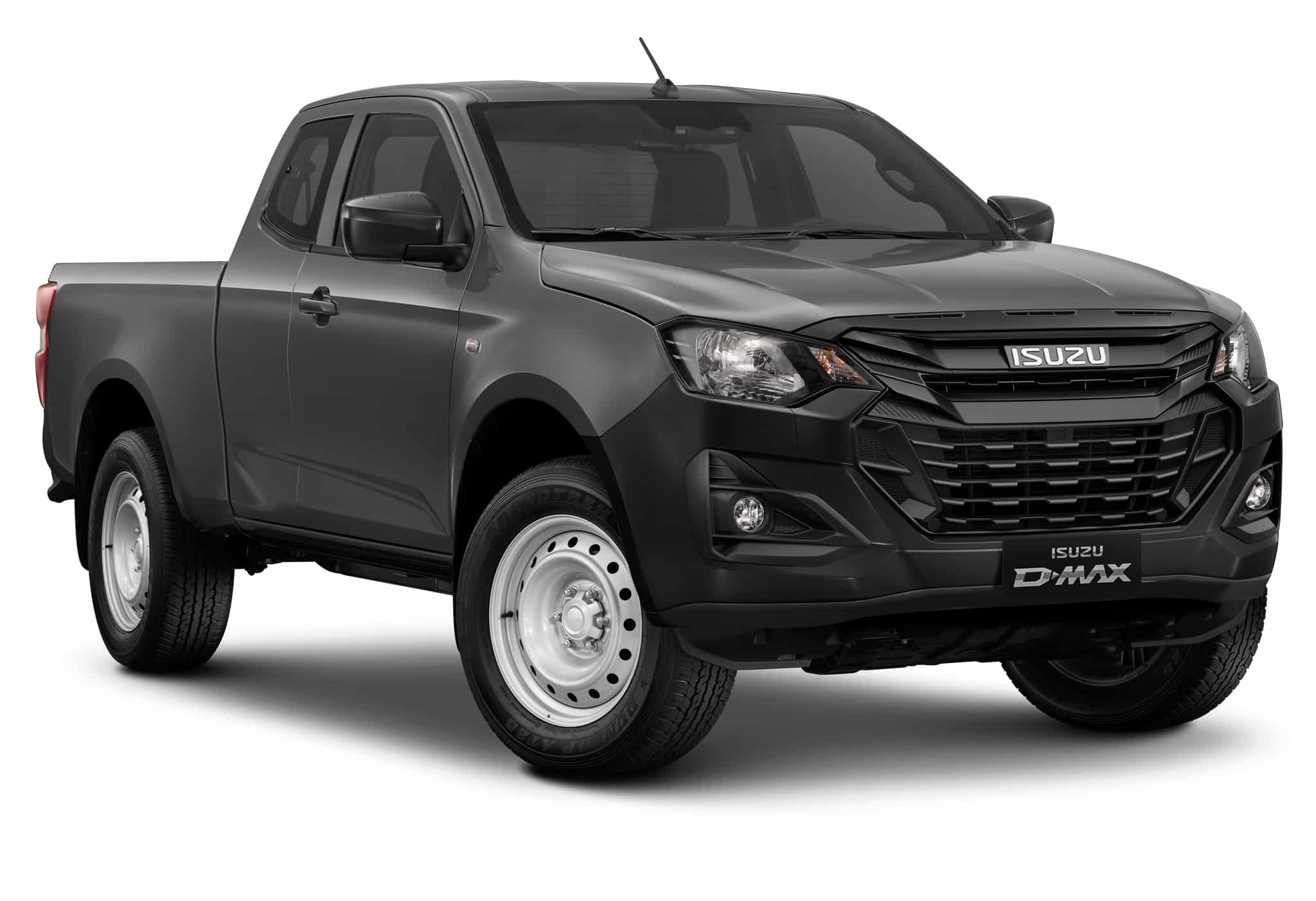 Isuzu D-Max gris foncé, cabine étendue, jantes acier blanches. Logos Isuzu et D-Max visibles.