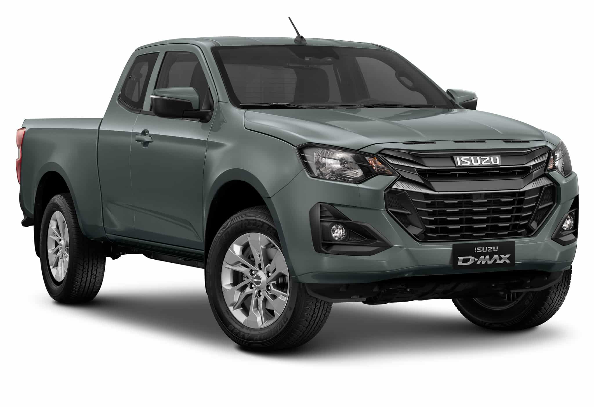 Pick-up Isuzu D-Max gris, cabine allongée, jantes alliage et calandre noire.