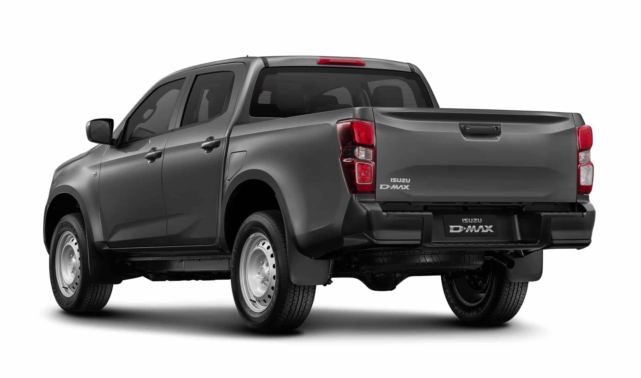 Isuzu D-Max gris, vue arrière 3/4, jantes acier et logo ISUZU D-MAX.