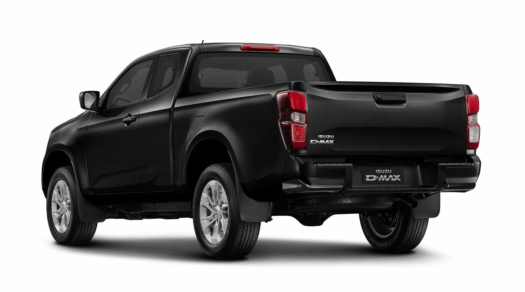 Pickup Isuzu D-MAX noir, vue arrière trois-quarts, cabine allongée et jantes argentées.