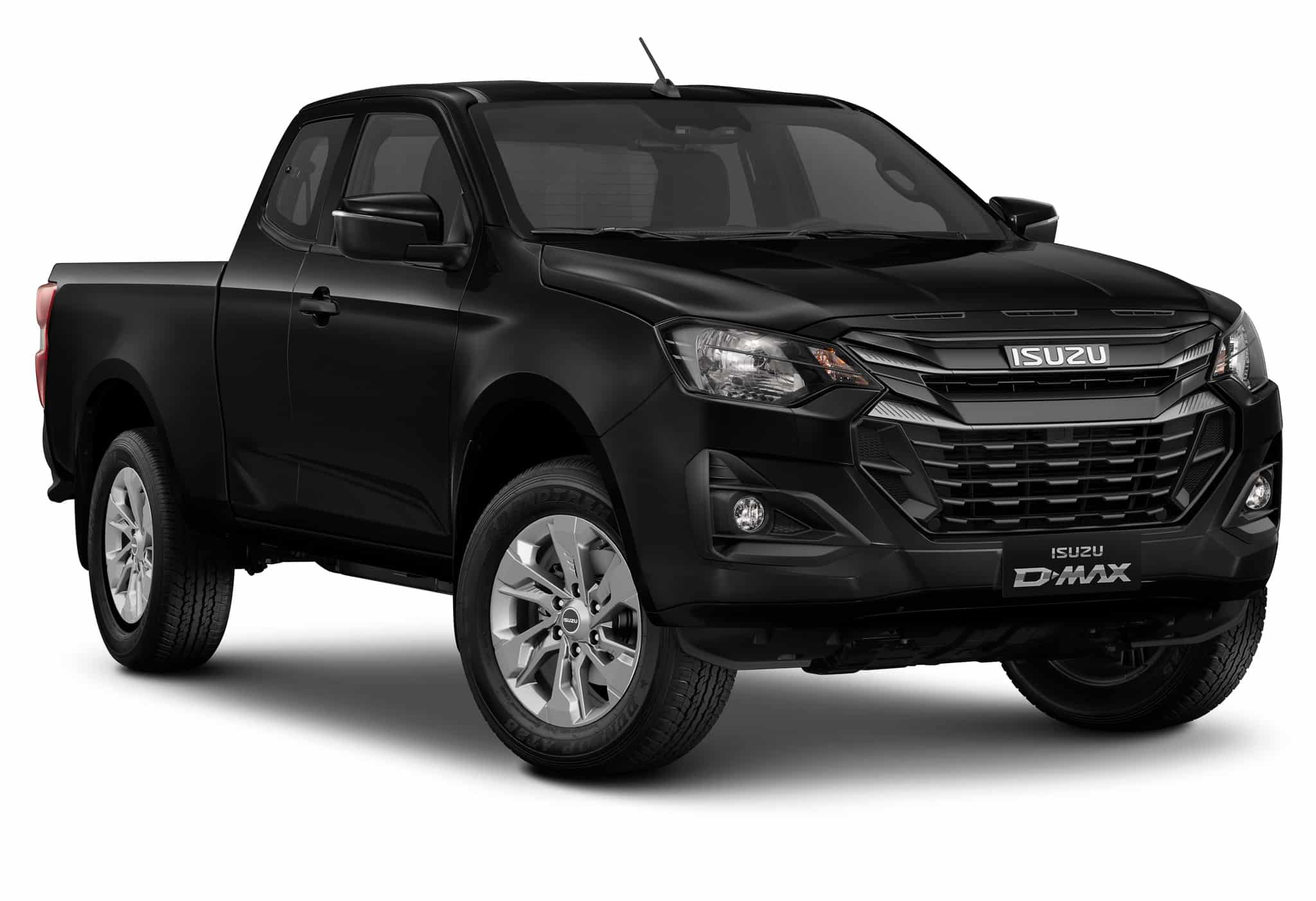 Isuzu D-MAX noir, pick-up à cabine approfondie avec jantes alliage, logo ISUZU visible.