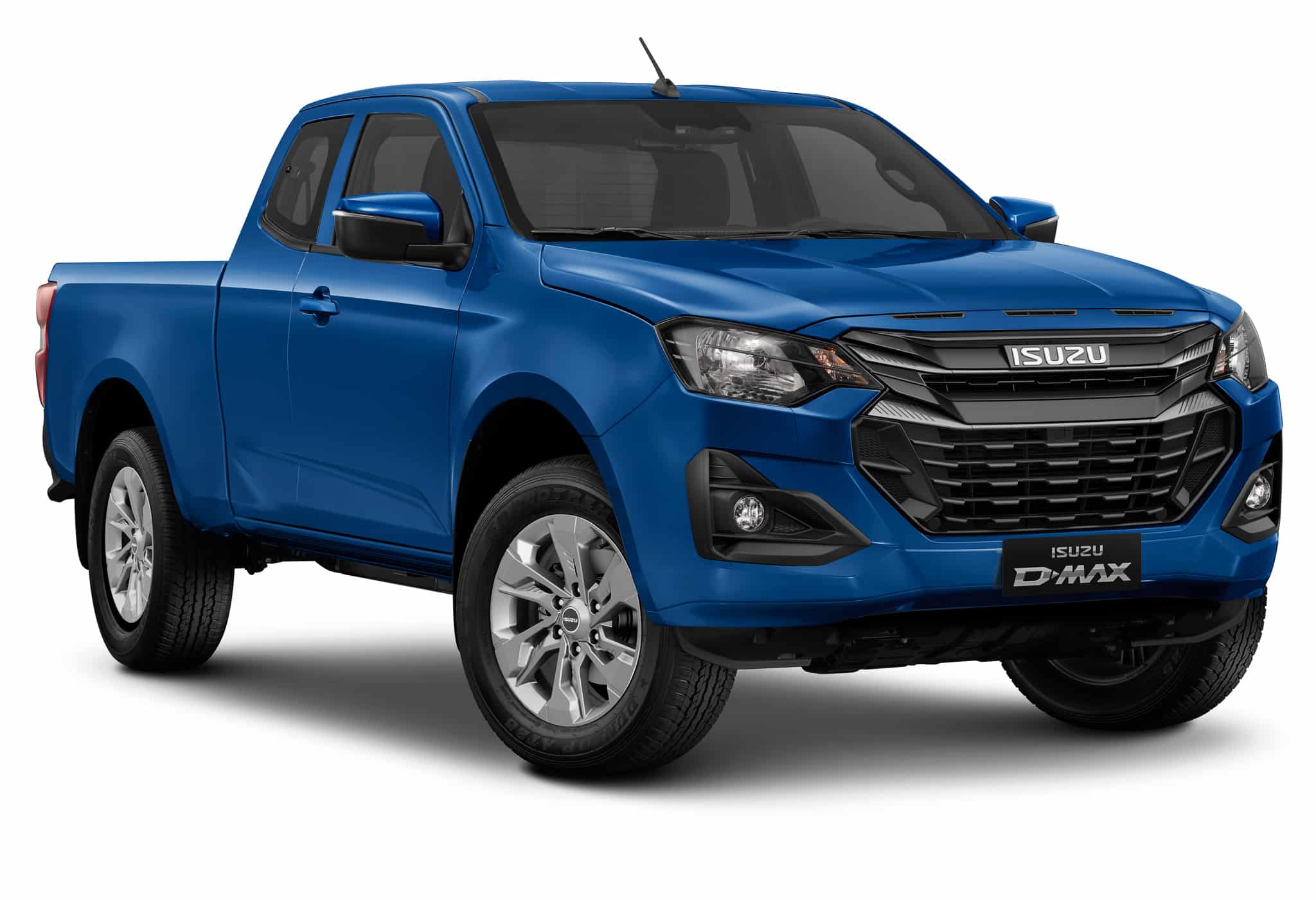 Pick-up Isuzu D-Max bleu à cabine allongée avec jantes alliage argentées sur fond blanc.