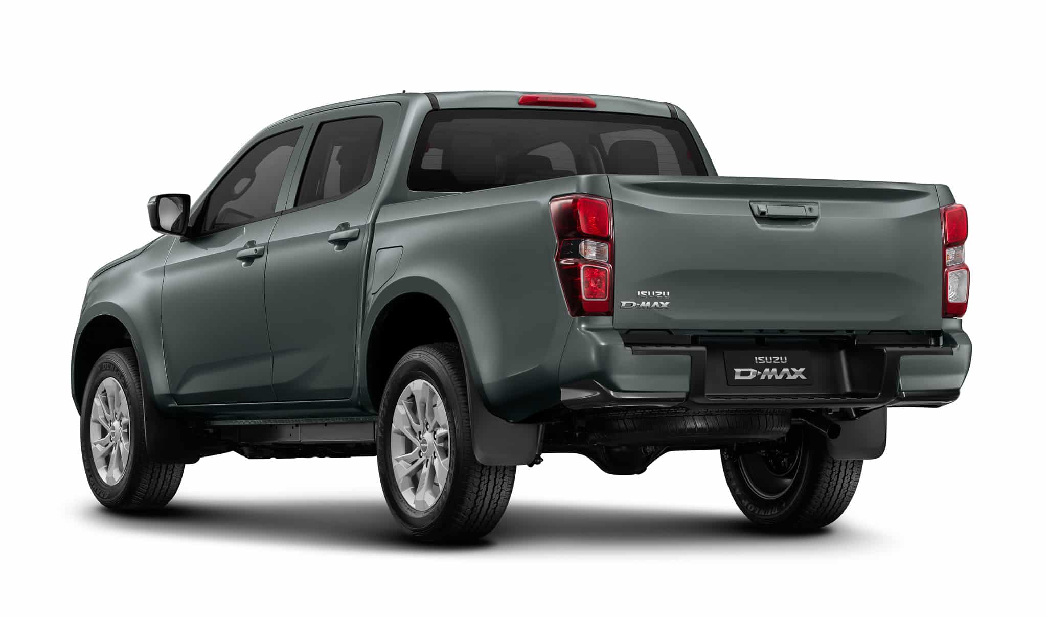 Pick-up Isuzu D-MAX gris, vue arrière avec logos sur fond blanc.