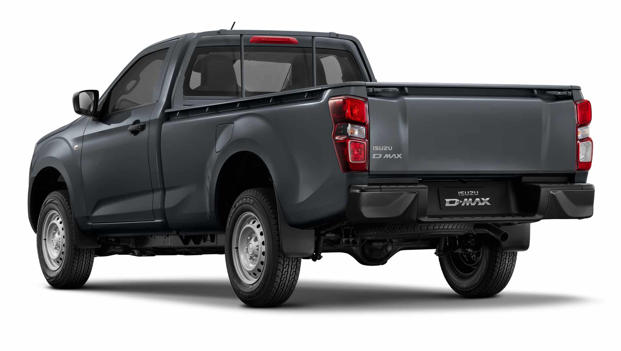 Pick-up Isuzu D-MAX gris anthracite, vue arrière trois-quarts, benne et roues en acier sur fond blanc.