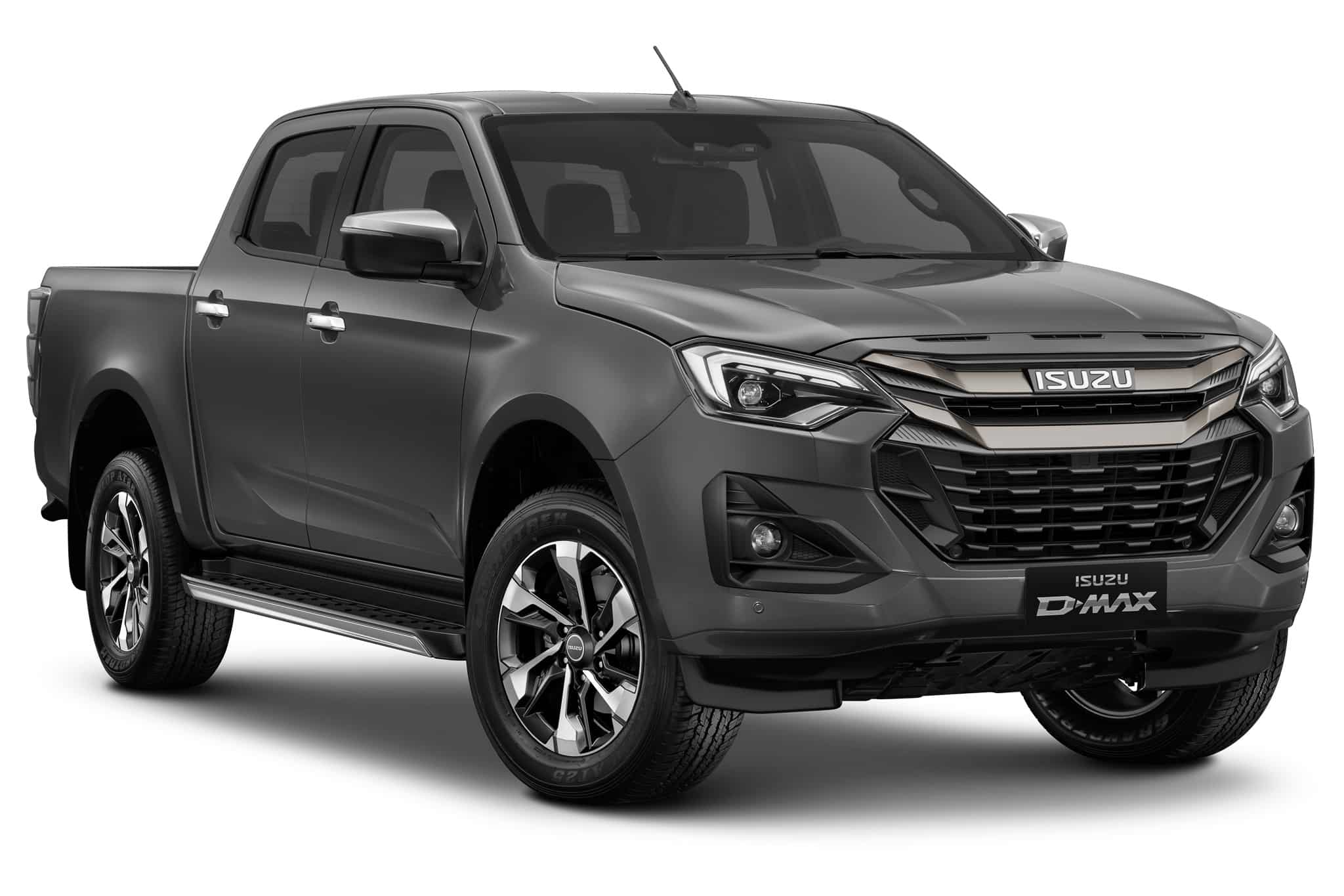 Pick-up Isuzu D-Max gris foncé, double cabine moderne avec jantes alliage sur fond blanc.