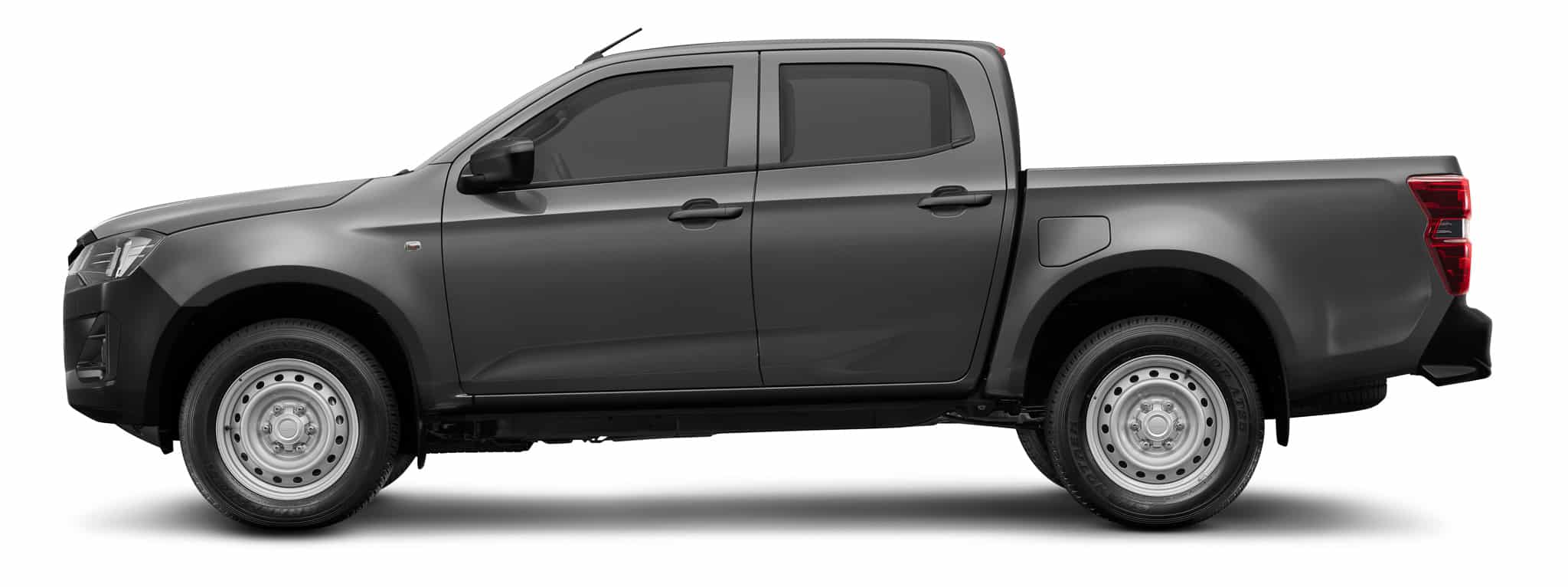 Isuzu D-Max double cabine gris foncé, profil latéral, jantes acier, fond blanc.