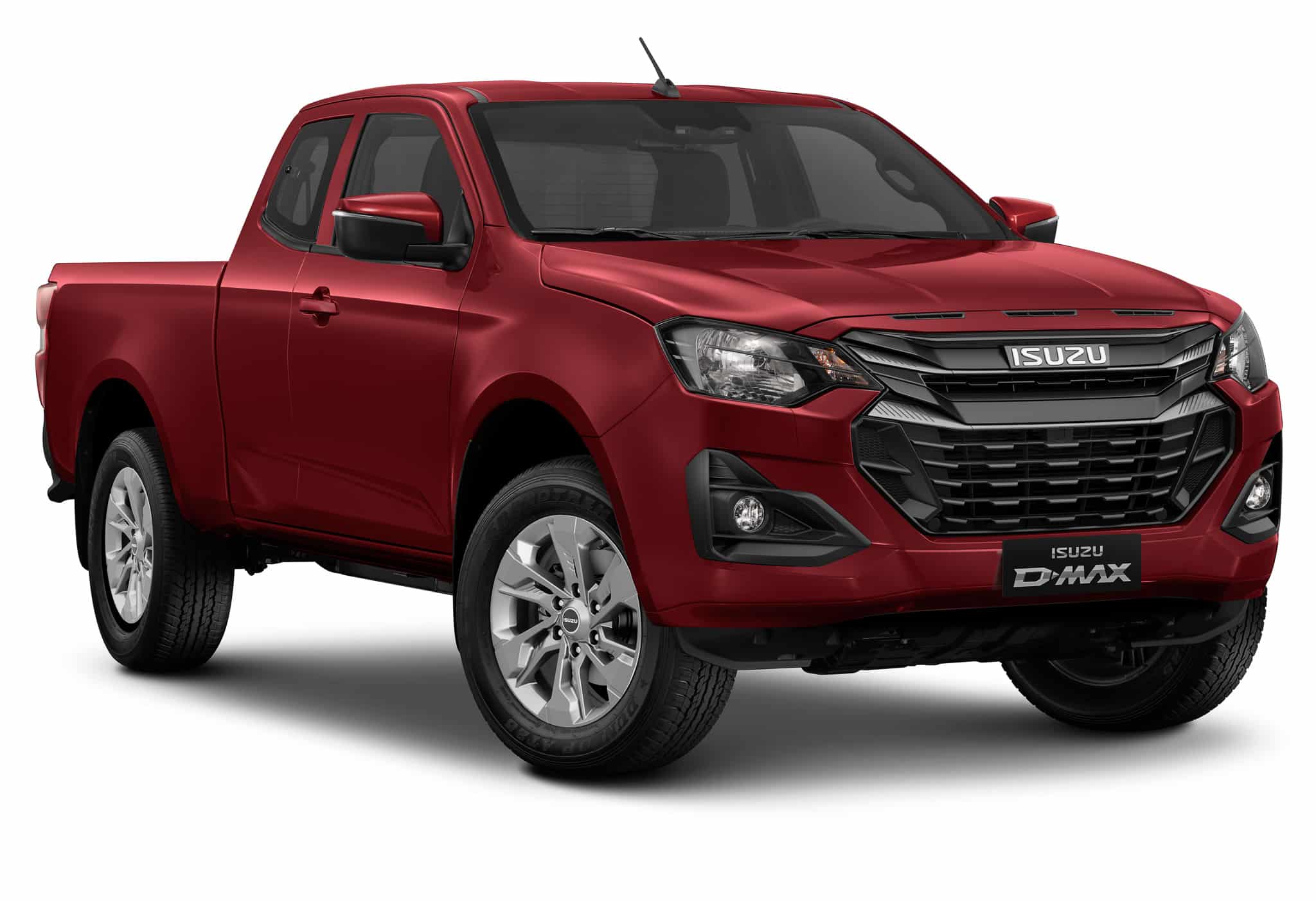 Pick-up Isuzu D-Max rouge, cabine approfondie, design robuste sur fond blanc.