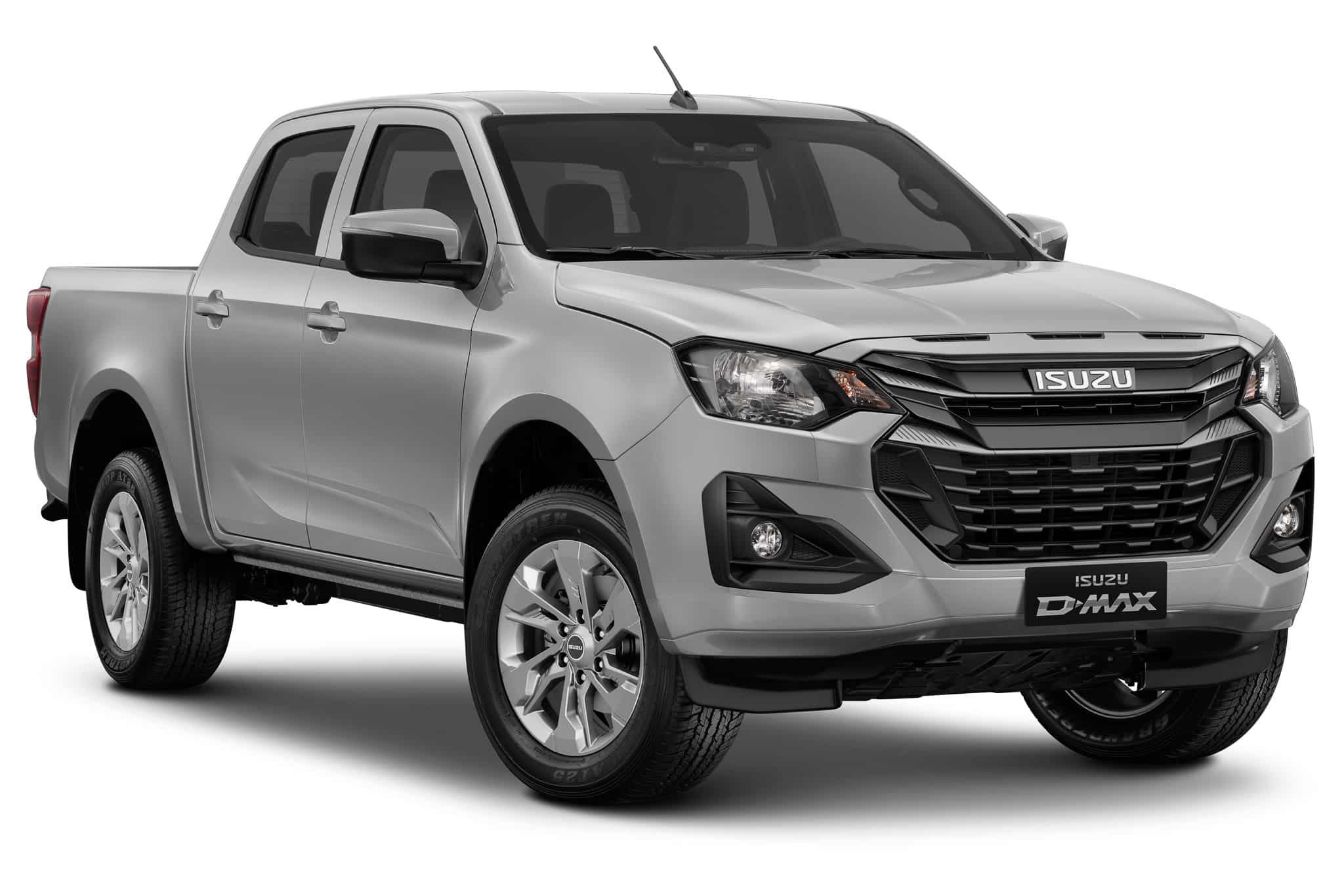 Pickup Isuzu D-Max argenté double cabine avec calandre noire sur fond blanc.