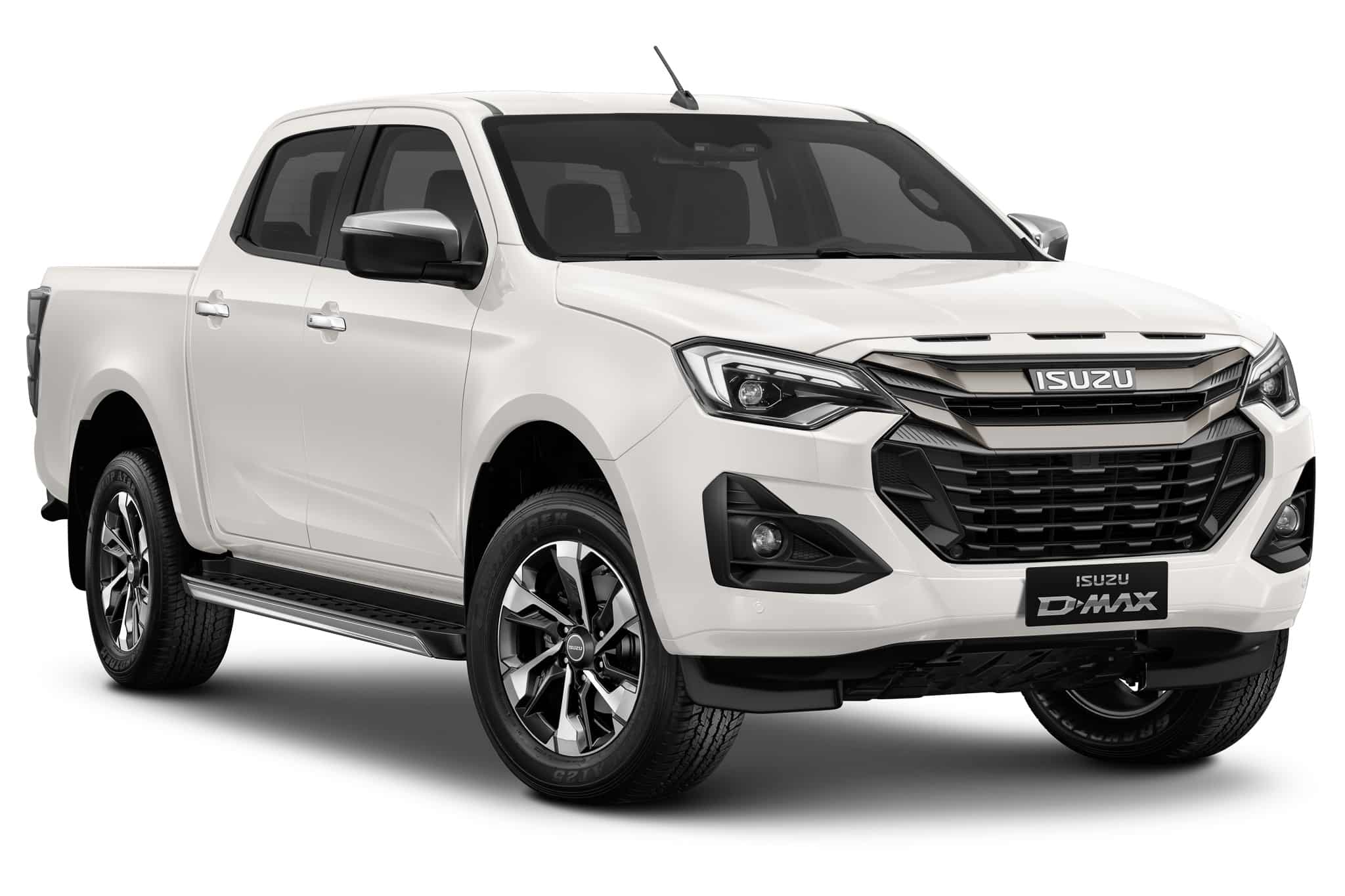 Pick-up Isuzu D-Max blanc double cabine, face avant robuste avec calandre grise et jantes alliage.