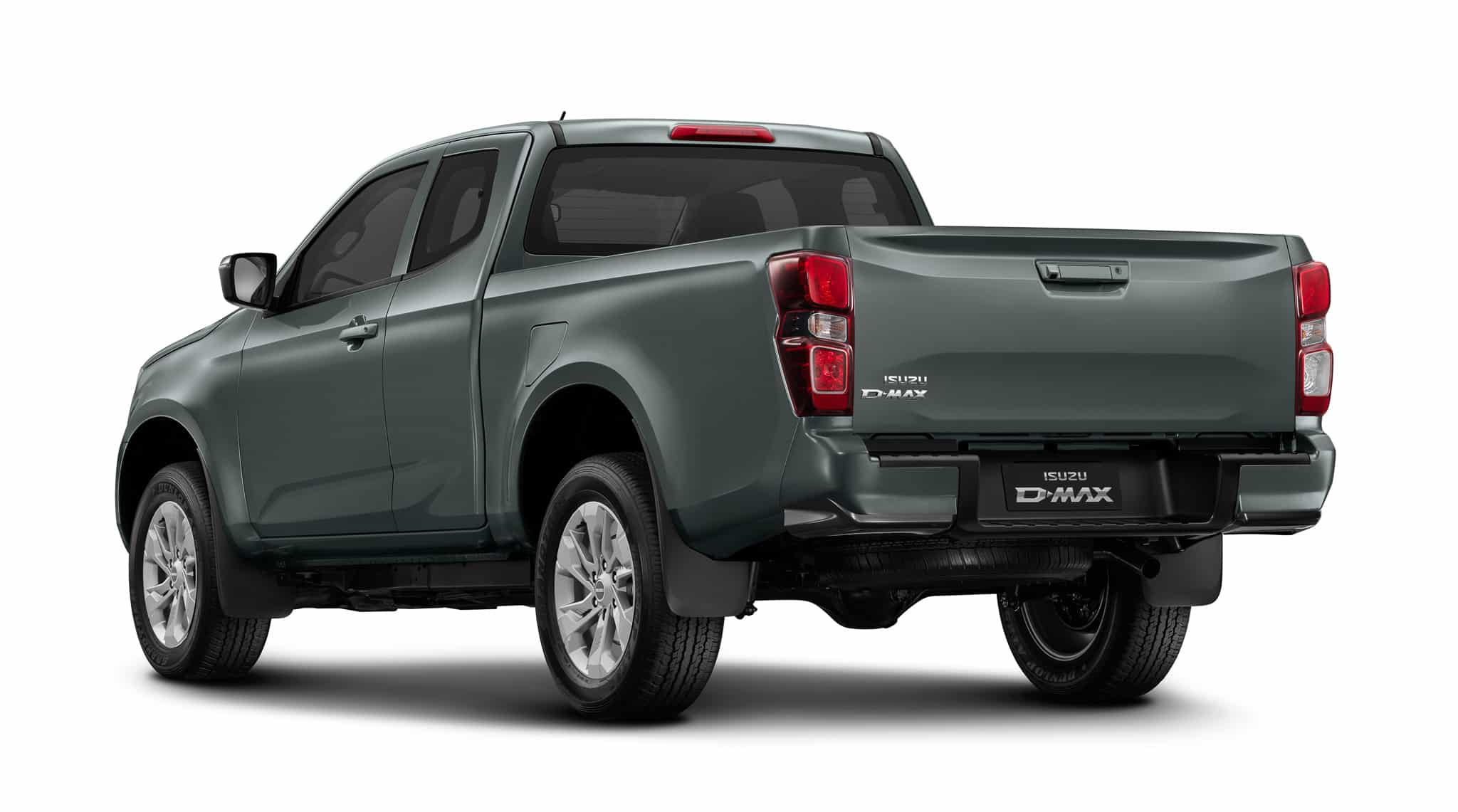 Pickup Isuzu D-Max gris, vue arrière trois-quarts, benne et feux LED. Texte : ISUZU D-MAX.