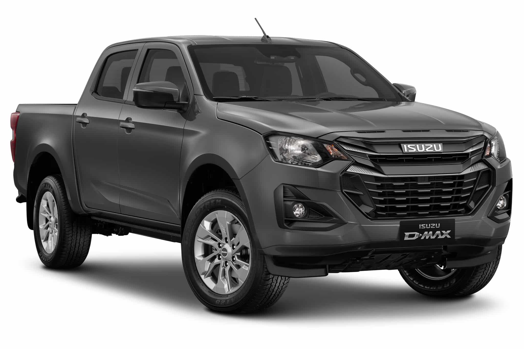 Pickup Isuzu D-Max gris foncé, double cabine, sur fond blanc avec logos Isuzu visibles.