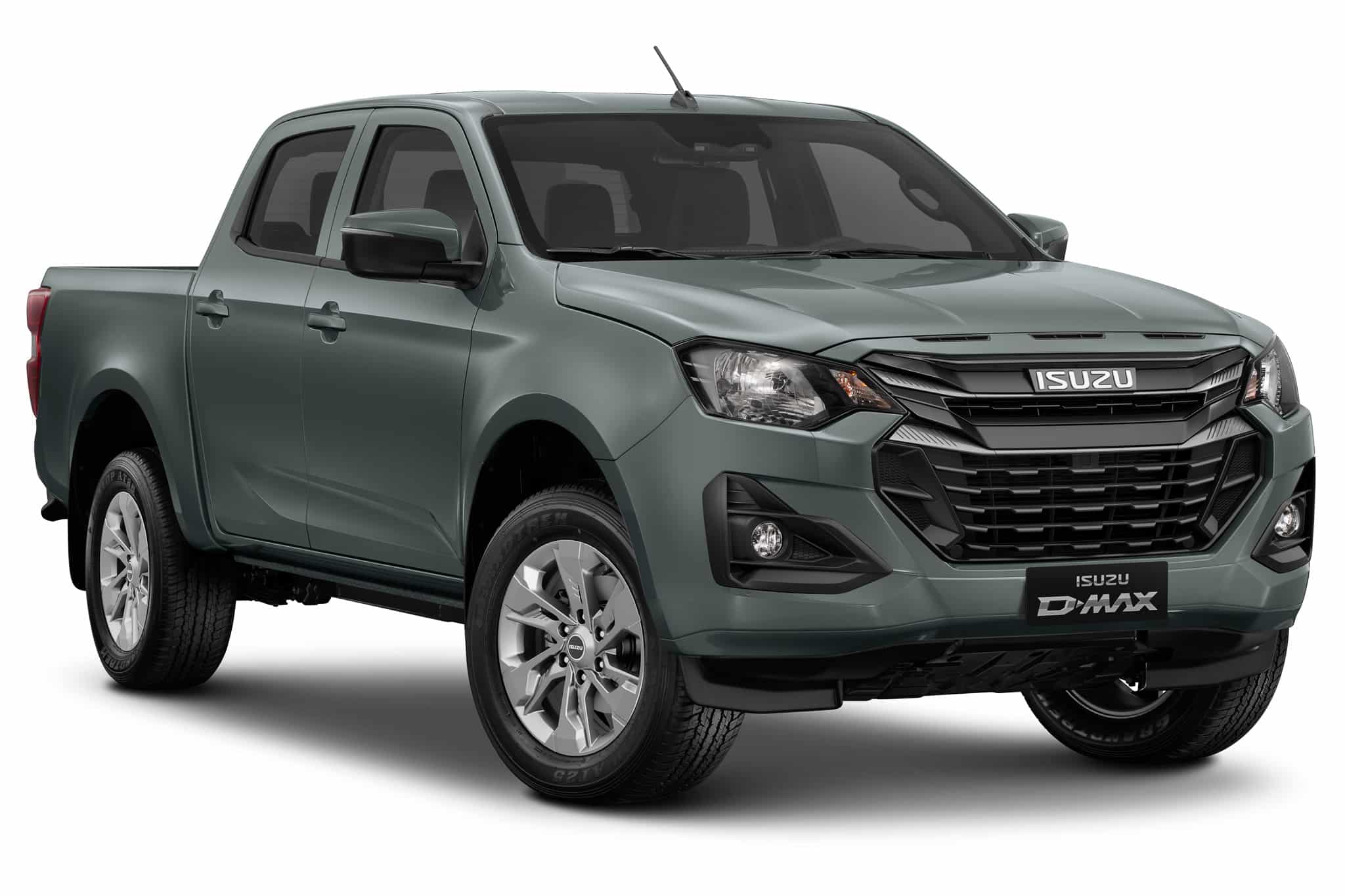 Isuzu D-MAX gris double cabine de profil, calandre noire robuste sur fond blanc.