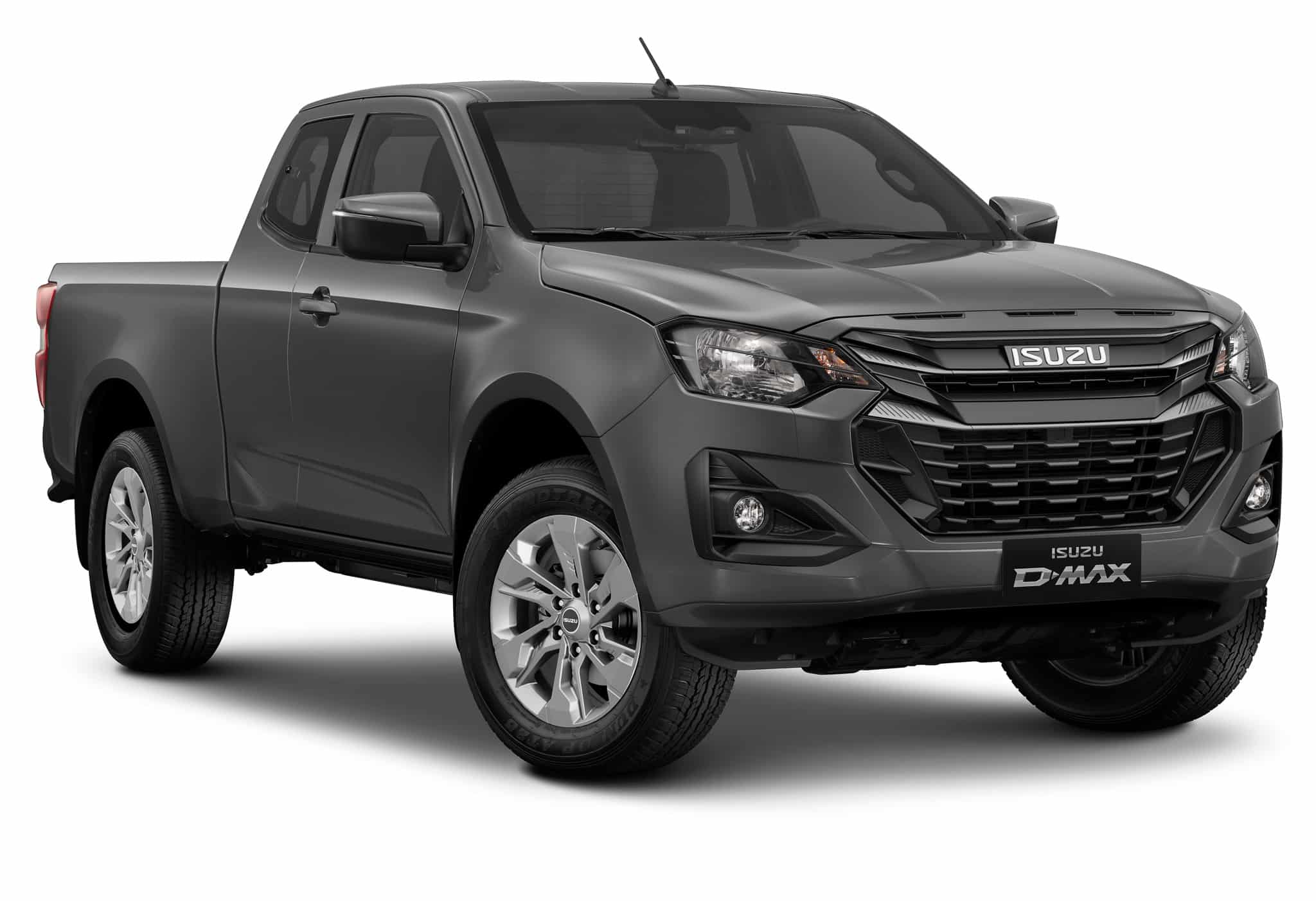 Pick-up Isuzu D-MAX gris avec cabine approfondie sur fond blanc, calandre robuste et design moderne.