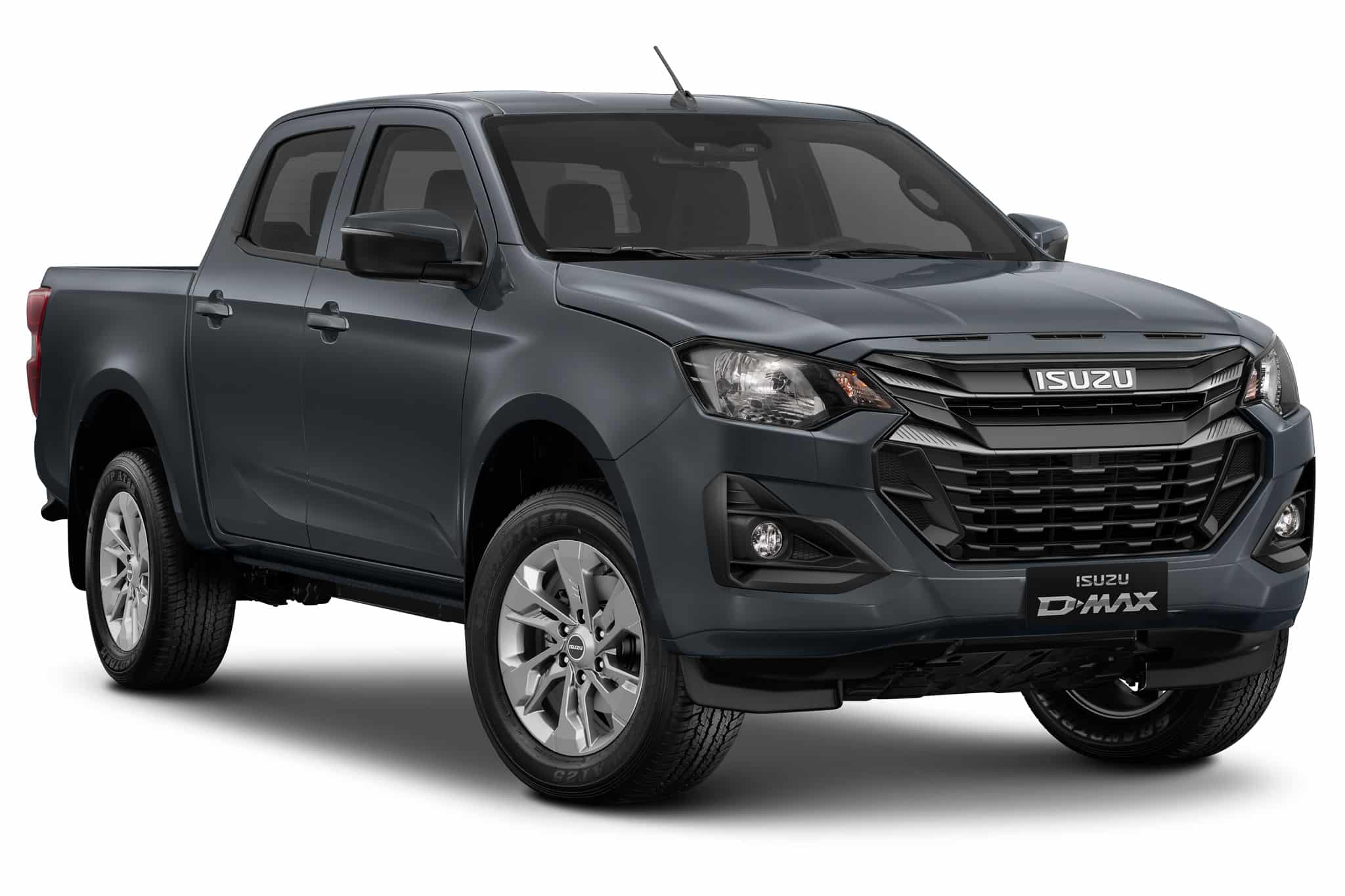 Isuzu D-Max gris foncé double cabine, pick-up robuste sur fond blanc avec calandre imposante.
