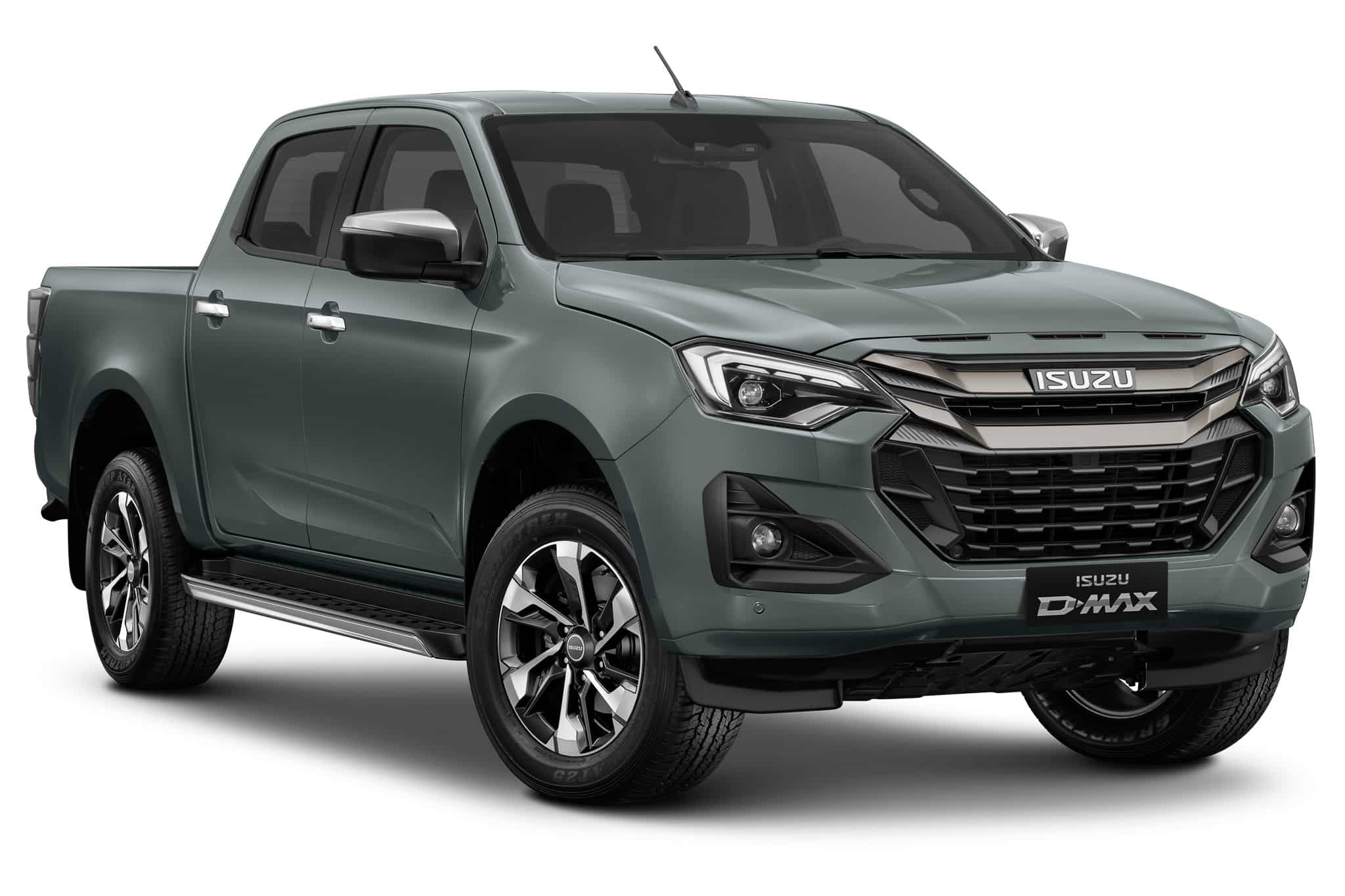 Pickup Isuzu D-MAX gris moderne, plaque Isuzu D-MAX, fond blanc épuré.
