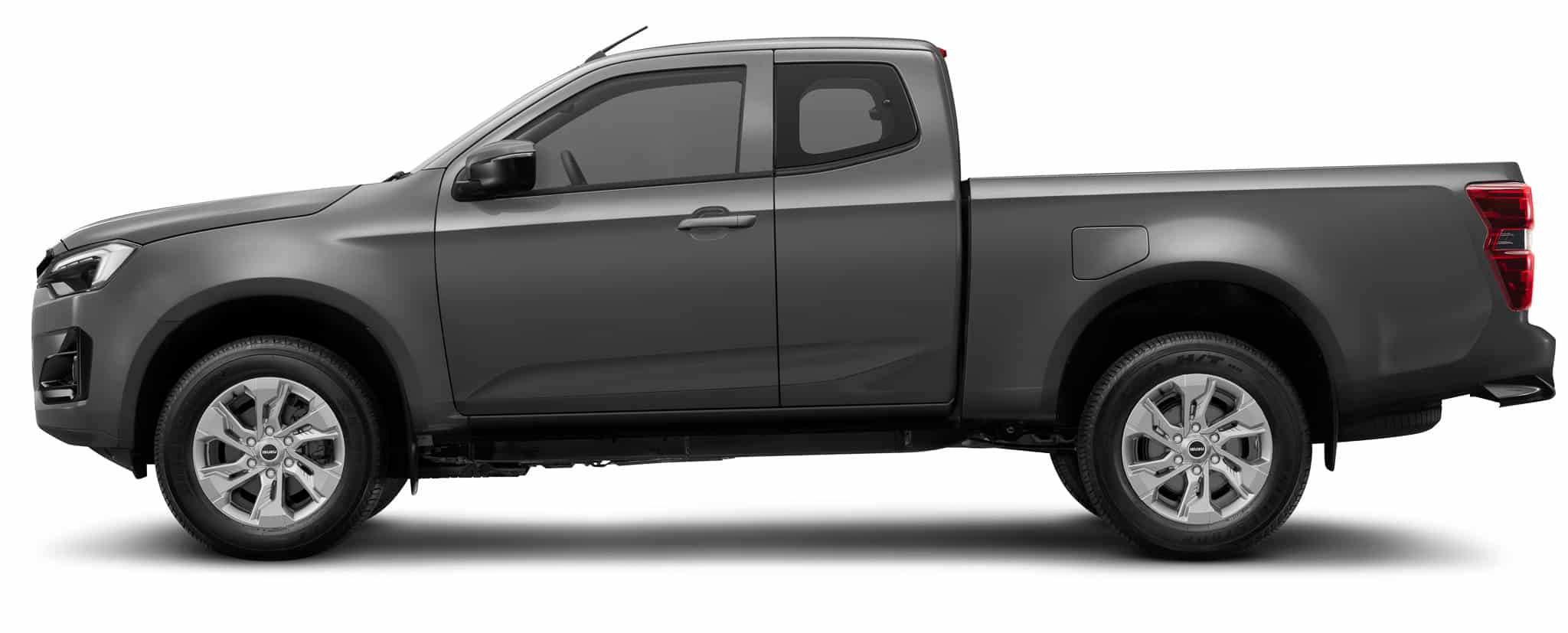 Isuzu D-Max Space Cab gris de profil, jantes alliage, sur fond blanc.
