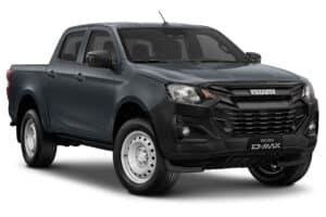 Pickup Isuzu D-Max gris foncé double cabine avec jantes en acier sur fond blanc.