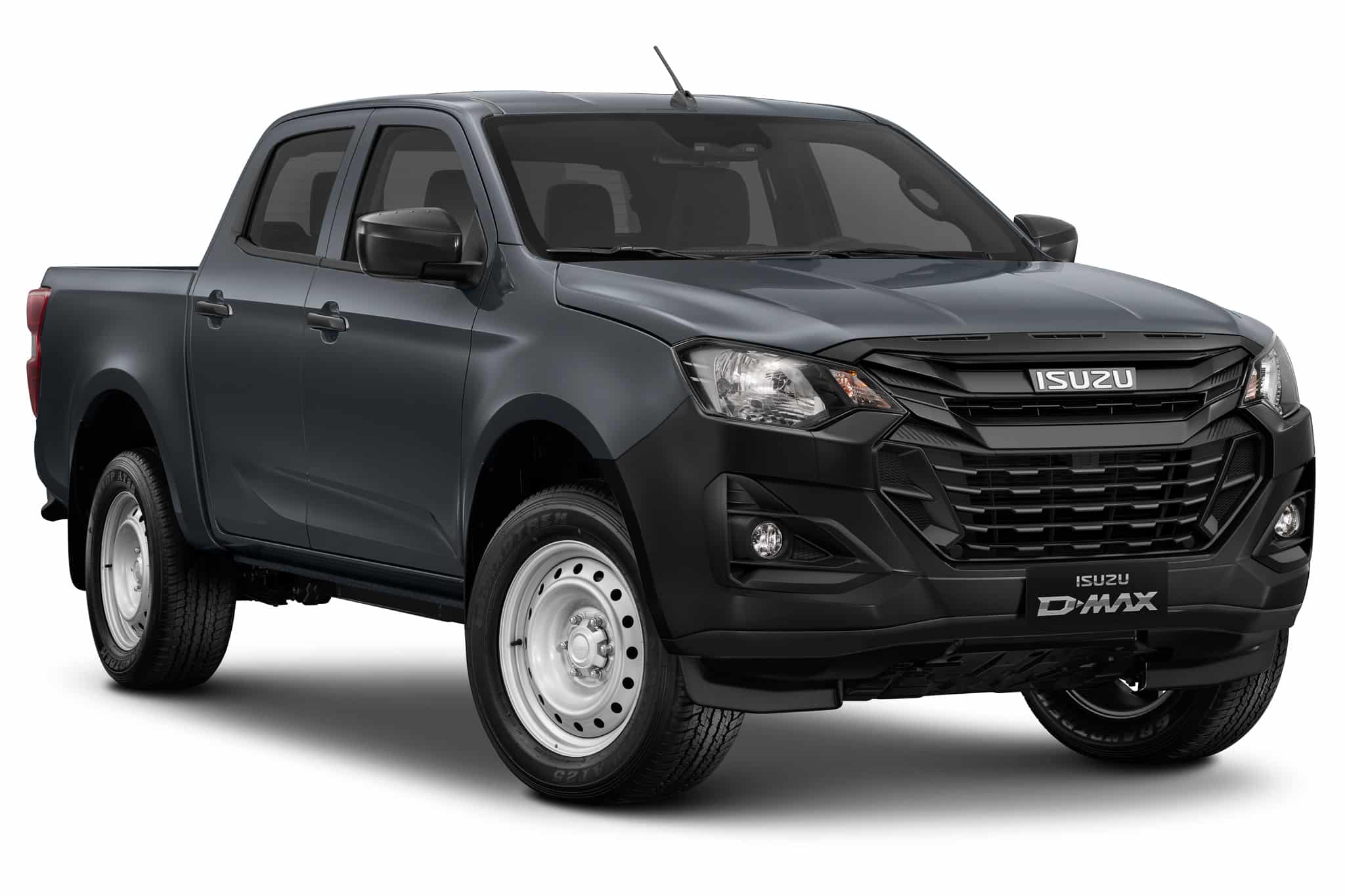 Pickup Isuzu D-Max gris foncé double cabine avec jantes en acier sur fond blanc.