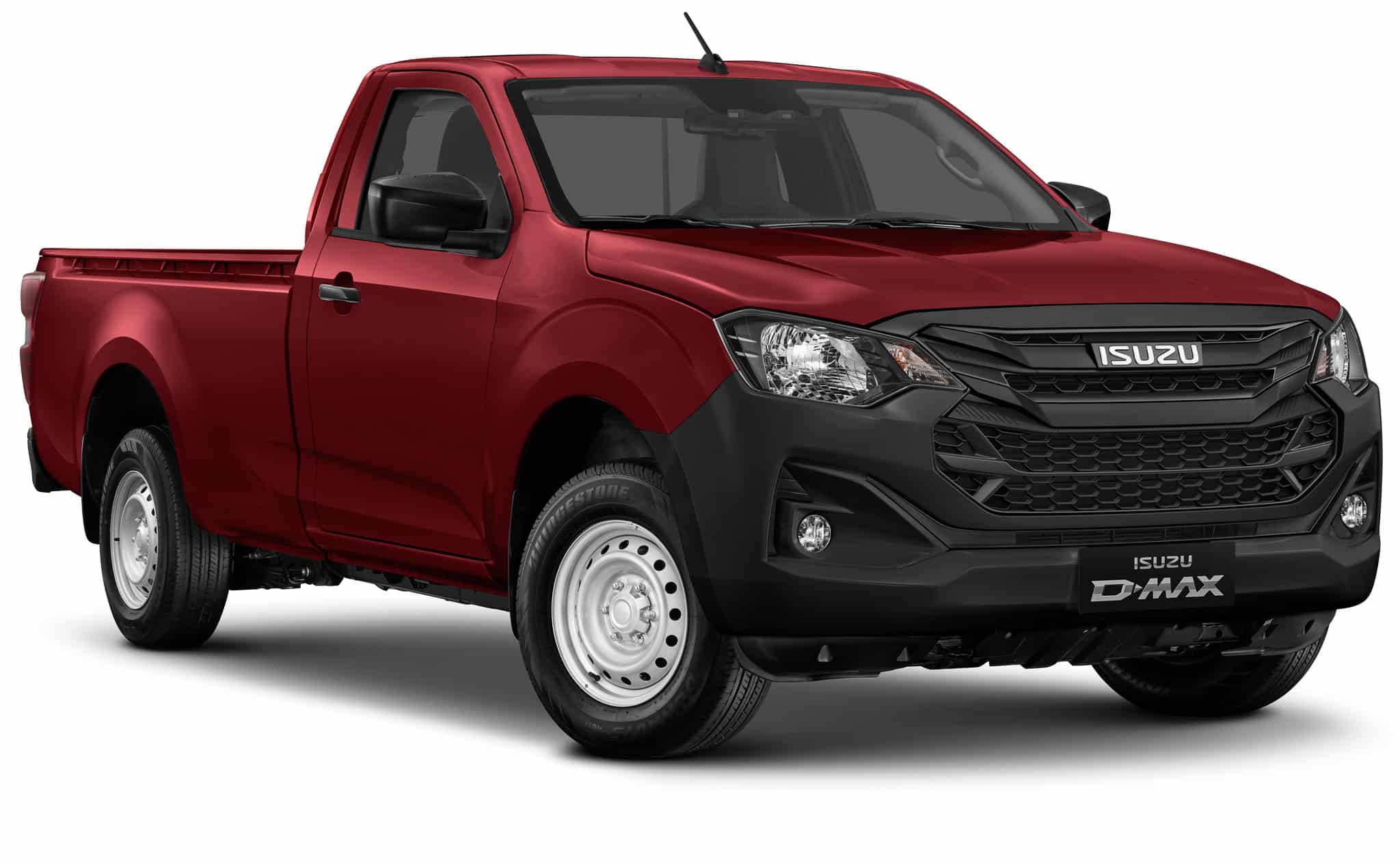 Pick-up Isuzu D-Max rouge, cabine simple, pare-chocs noir et jantes acier, utilitaire robuste.