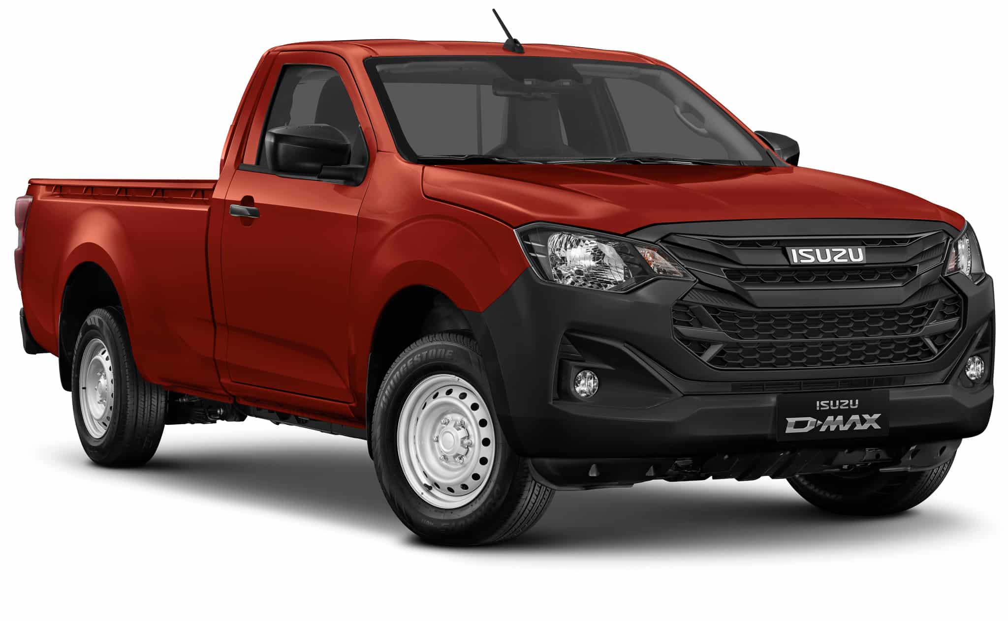 Isuzu D-Max rouge à cabine simple, pare-chocs noir et jantes acier. Inscription Isuzu D-Max.