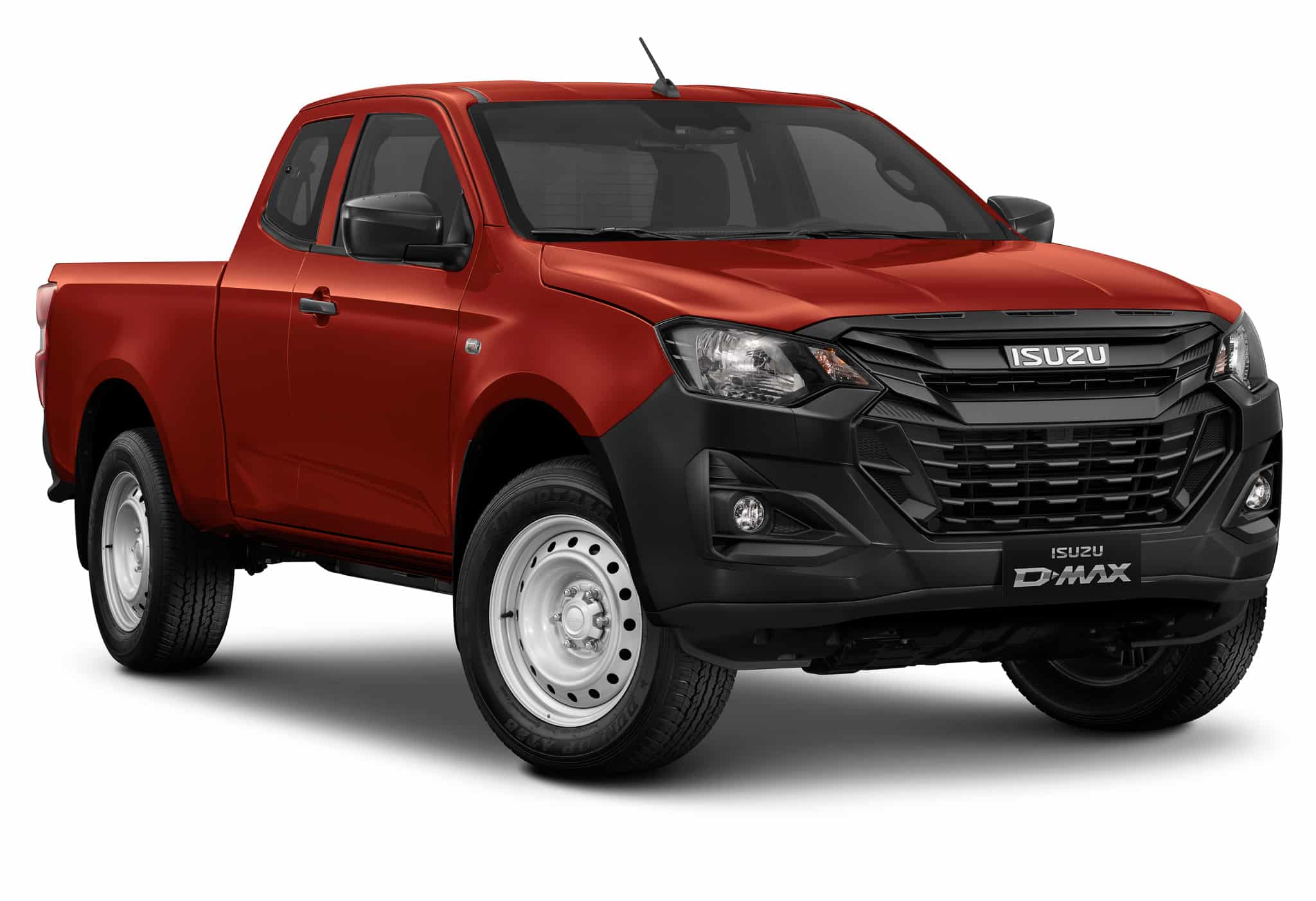 Pick-up Isuzu D-MAX rouge, utilitaire robuste avec pare-chocs noir et jantes acier.