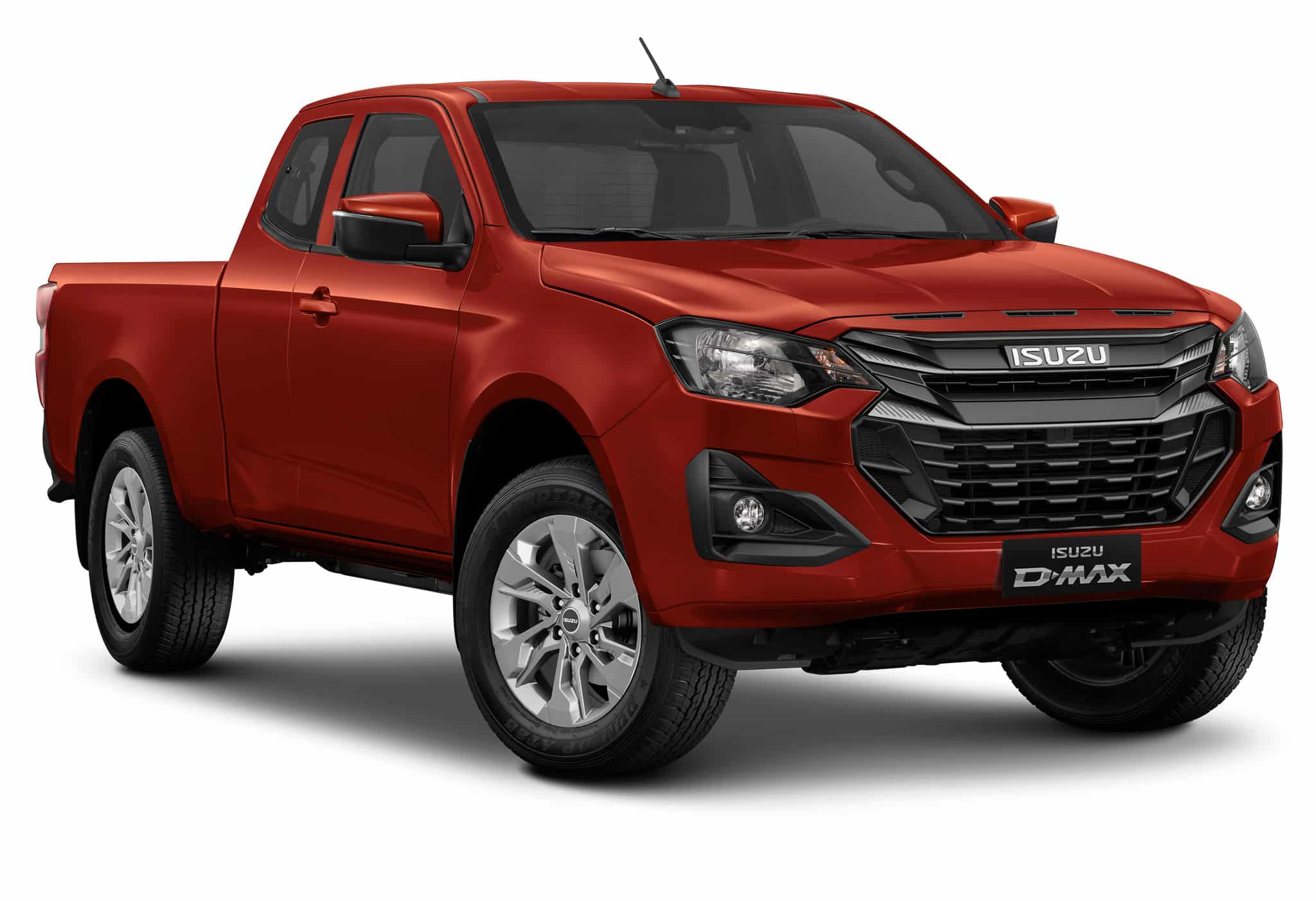 Pick-up Isuzu D-MAX rouge, cabine approfondie, jantes alliage.