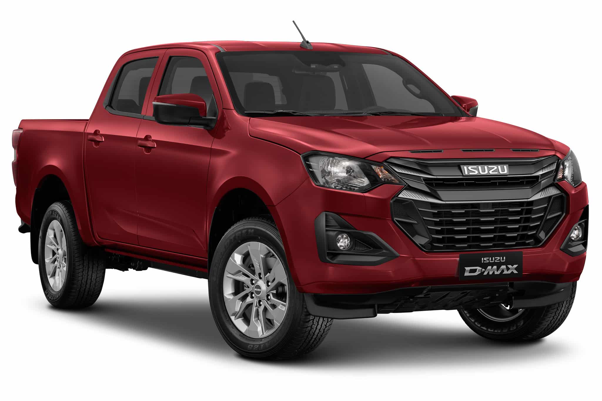 Pick-up Isuzu D-Max rouge double cabine avec calandre noire et jantes alliage sur fond blanc.