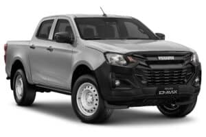 Isuzu D-MAX argenté, pare-chocs noir, jantes acier. Pick-up robuste et utilitaire.
