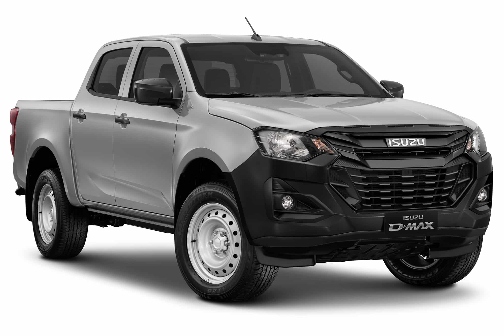 Isuzu D-MAX argenté, pare-chocs noir, jantes acier. Pick-up robuste et utilitaire.