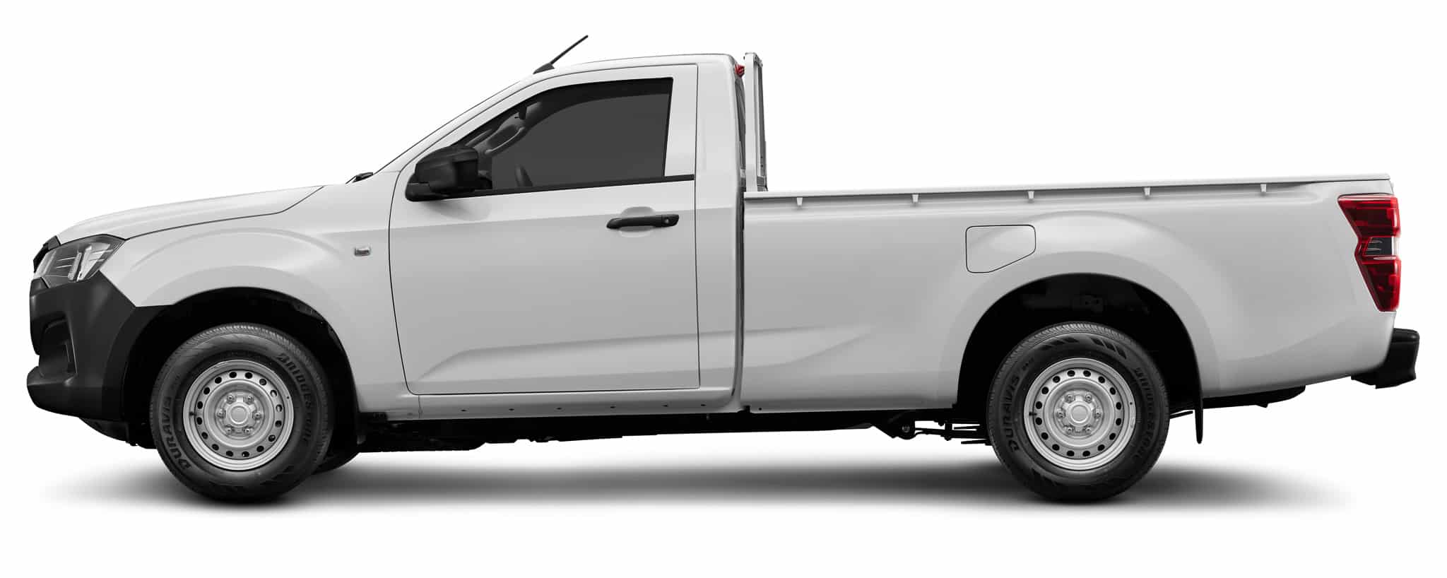 Isuzu D-Max blanc cabine simple profil latéral, jantes acier, utilitaire robuste.